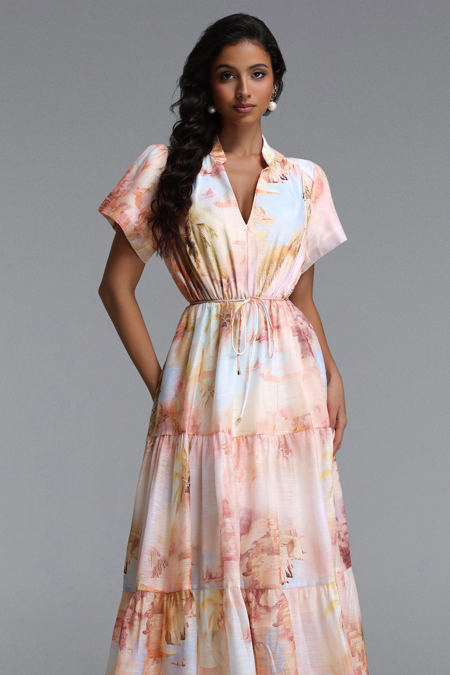 Nanci Resort Flowy V Neck Short Sleeve Woven Maxi Dress