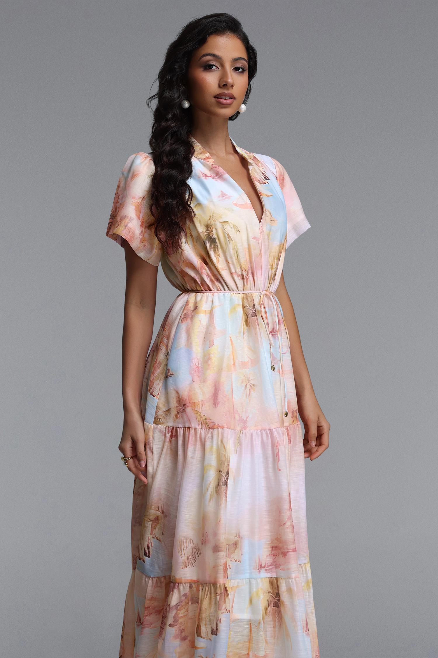 Nanci Resort Flowy V Neck Short Sleeve Woven Maxi Dress