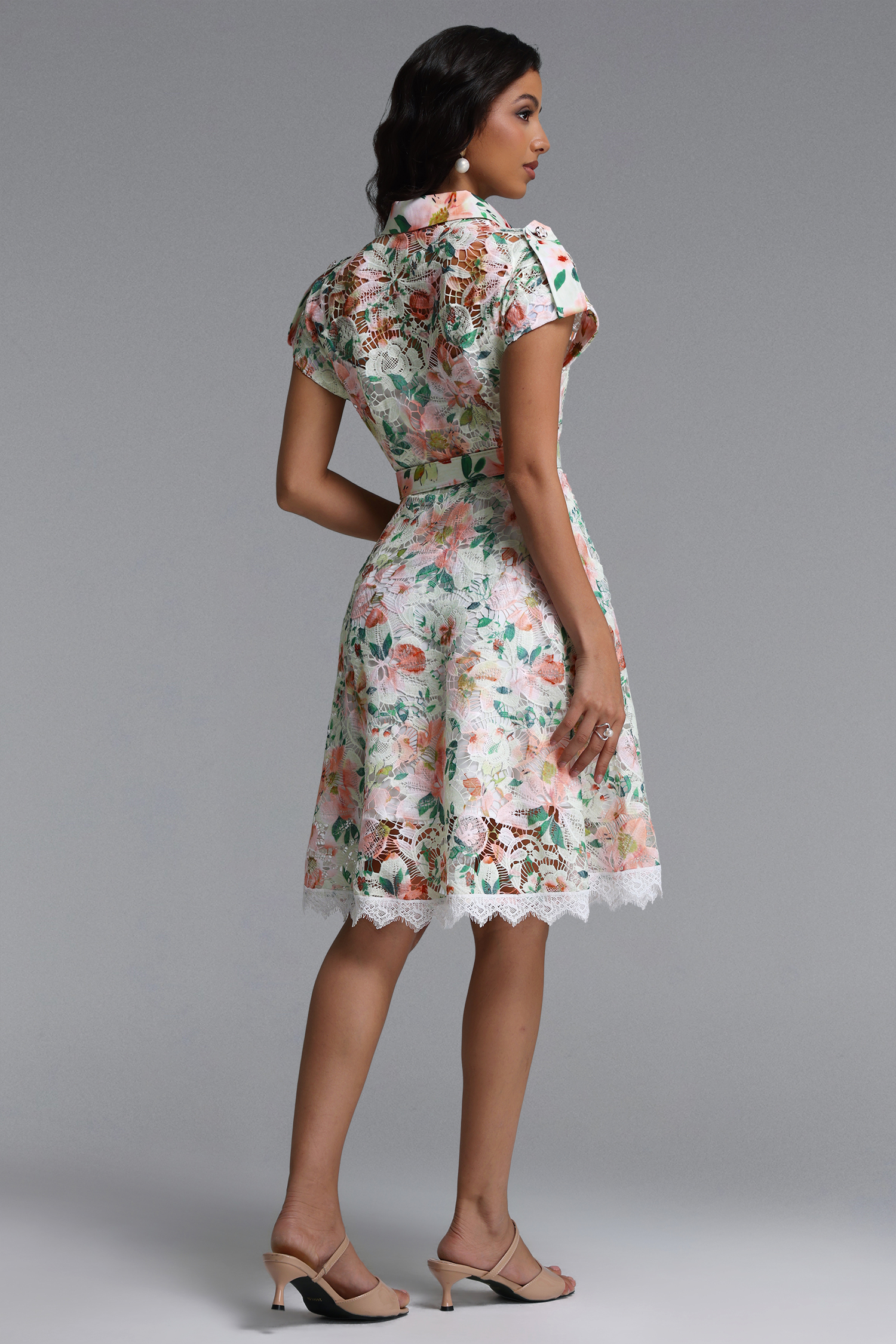 Torill Resort Cinched Short Sleeve Floral Print Lace Mini Dress