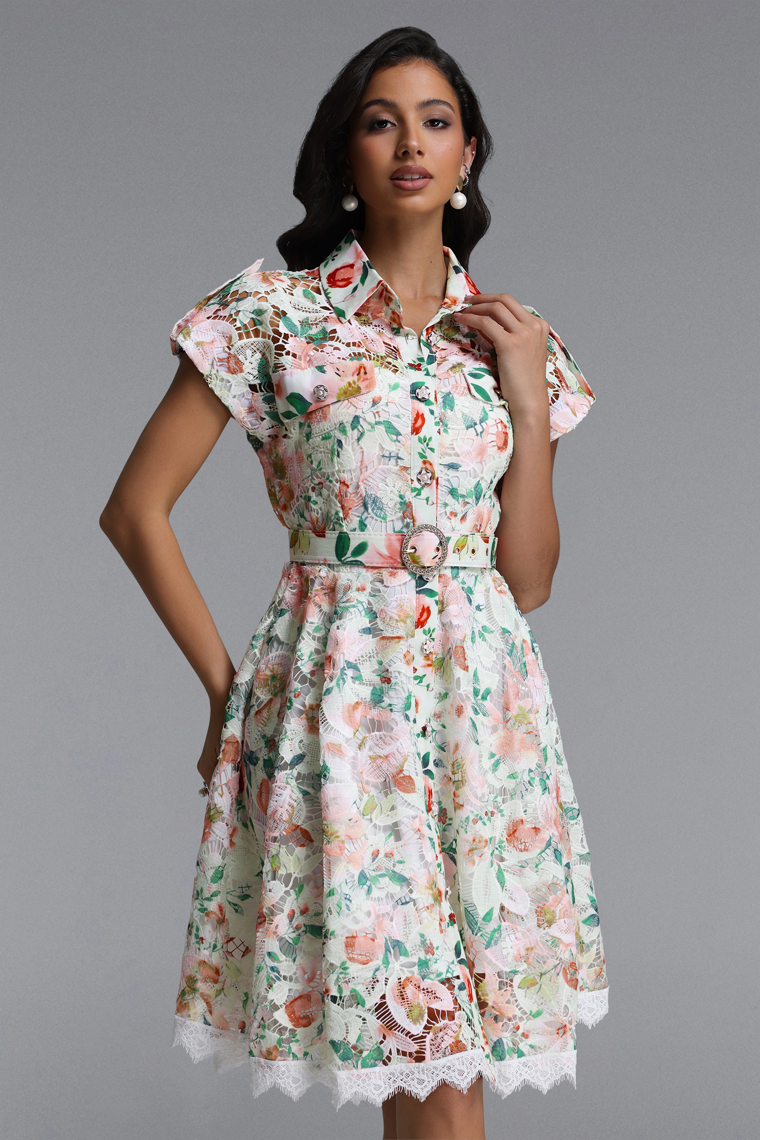 Torill Resort Cinched Short Sleeve Floral Print Lace Mini Dress