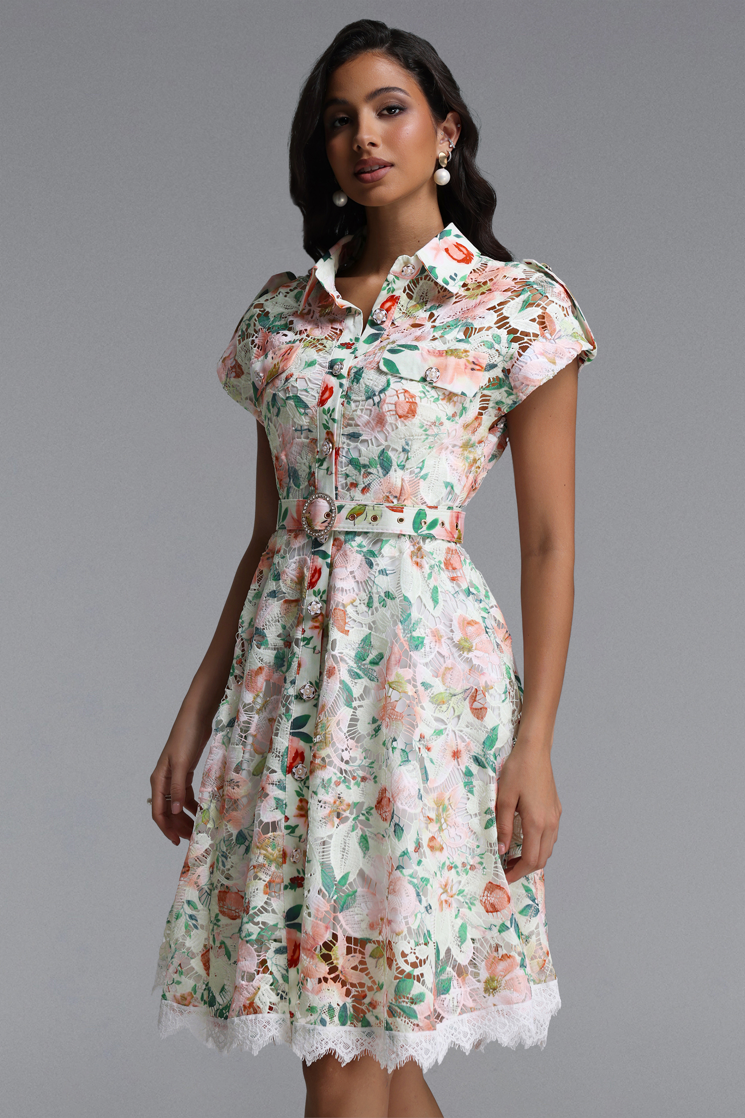 Torill Resort Cinched Short Sleeve Floral Print Lace Mini Dress