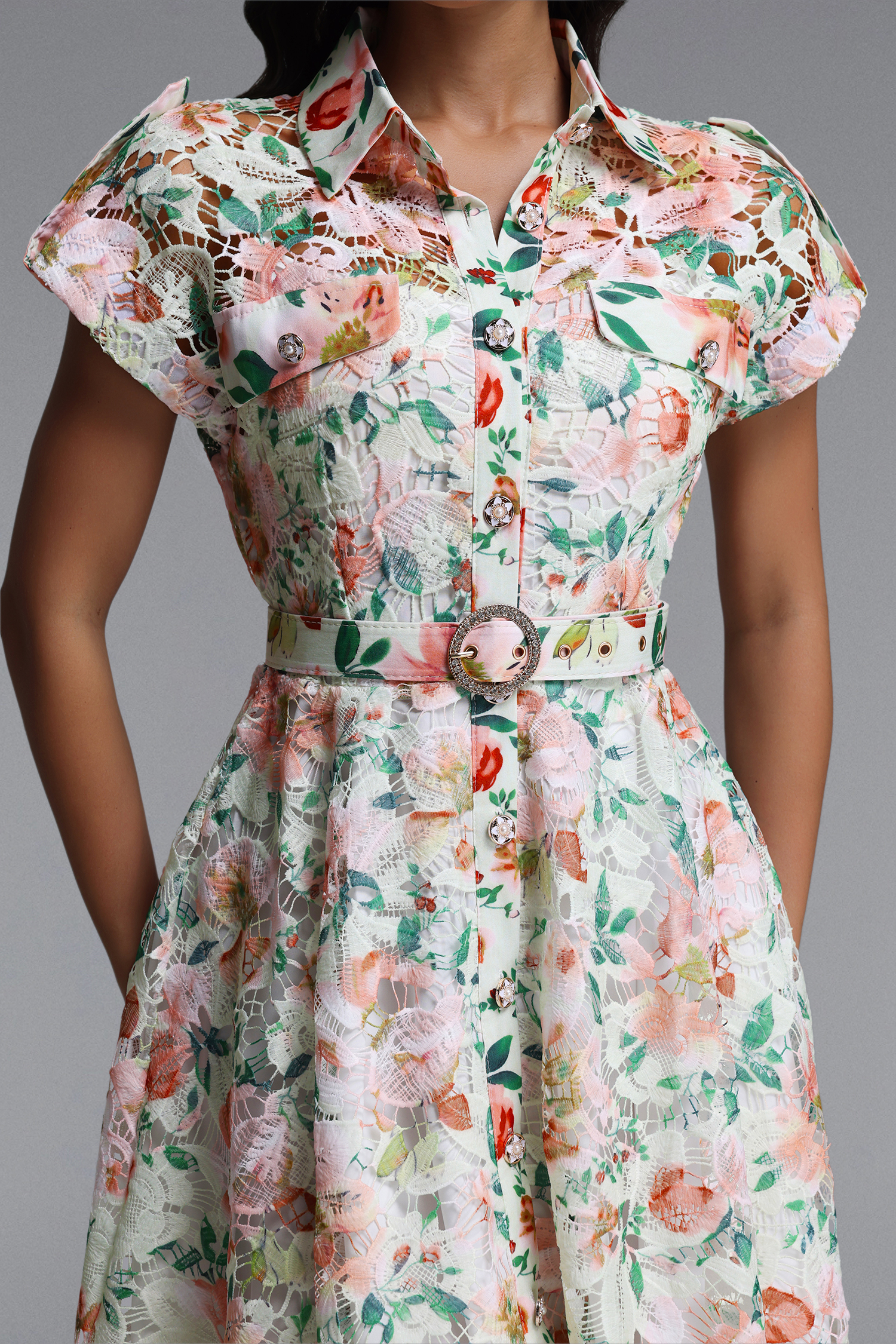 Torill Resort Cinched Short Sleeve Floral Print Lace Mini Dress