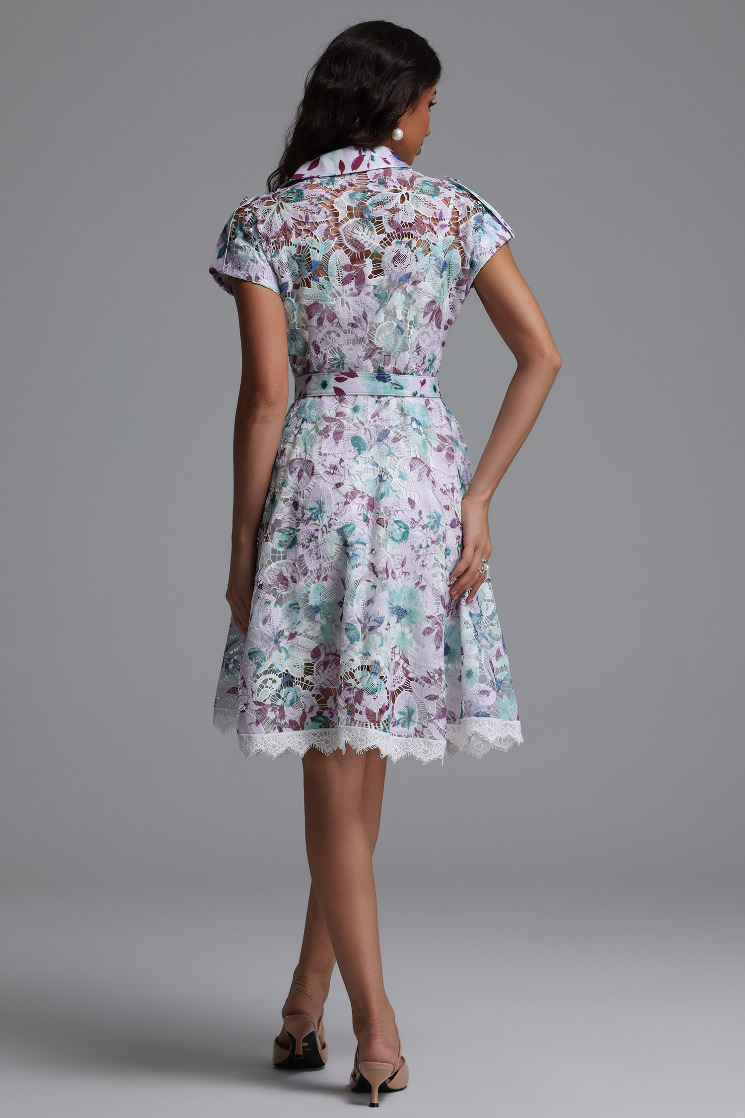 torill Resort Cinched Short Sleeve Floral Print Lace Mini Dress