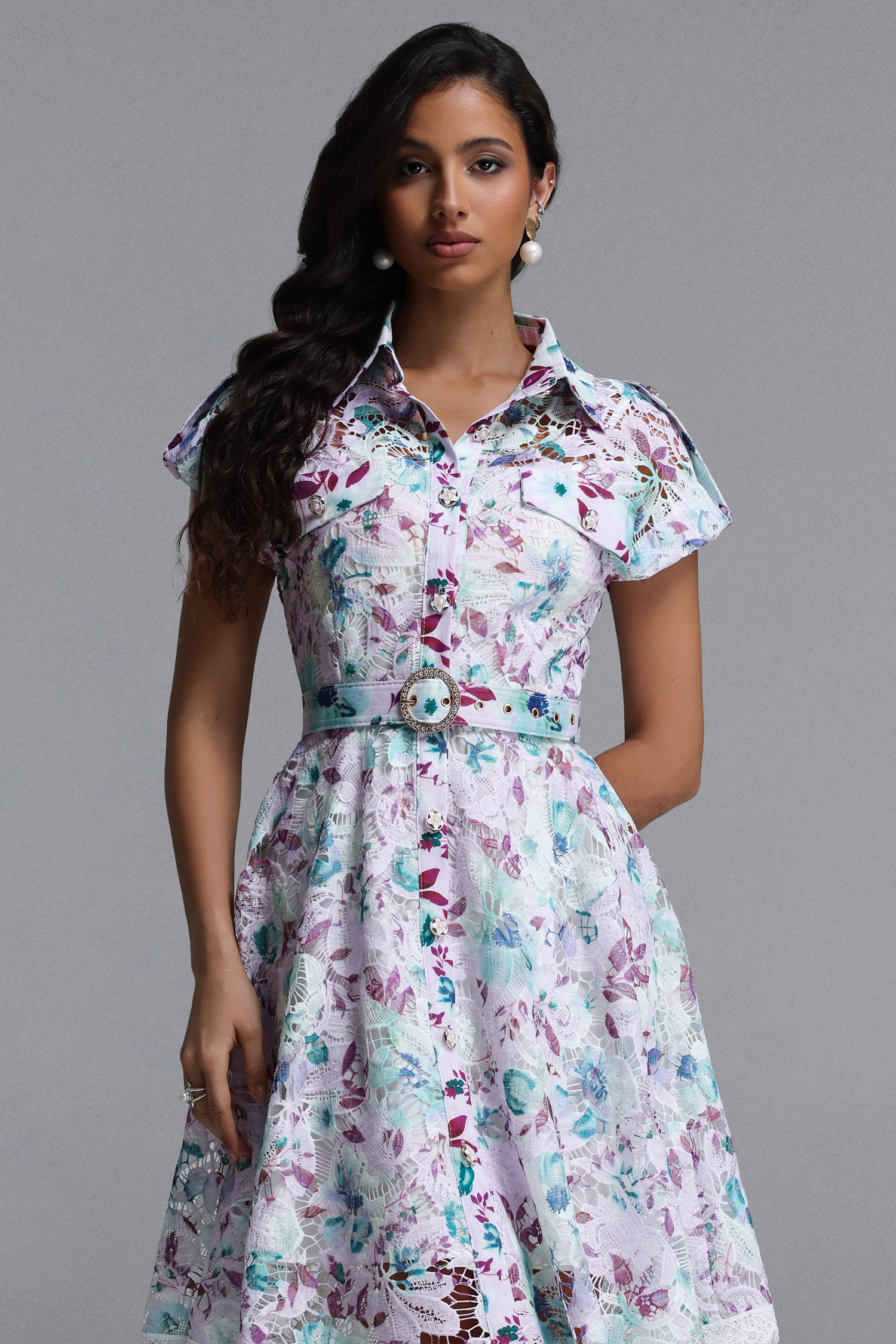 torill Resort Cinched Short Sleeve Floral Print Lace Mini Dress