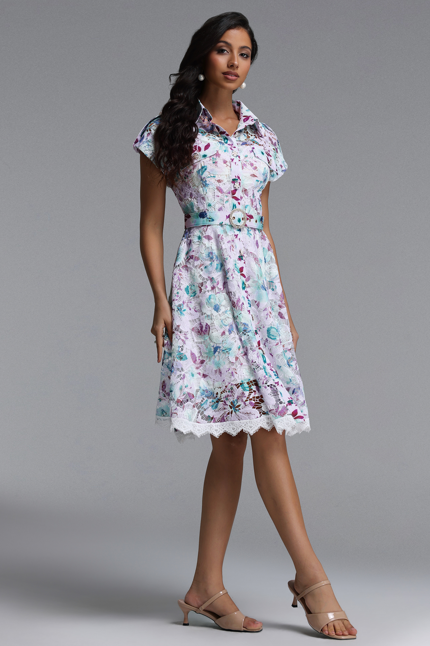 torill Resort Cinched Short Sleeve Floral Print Lace Mini Dress