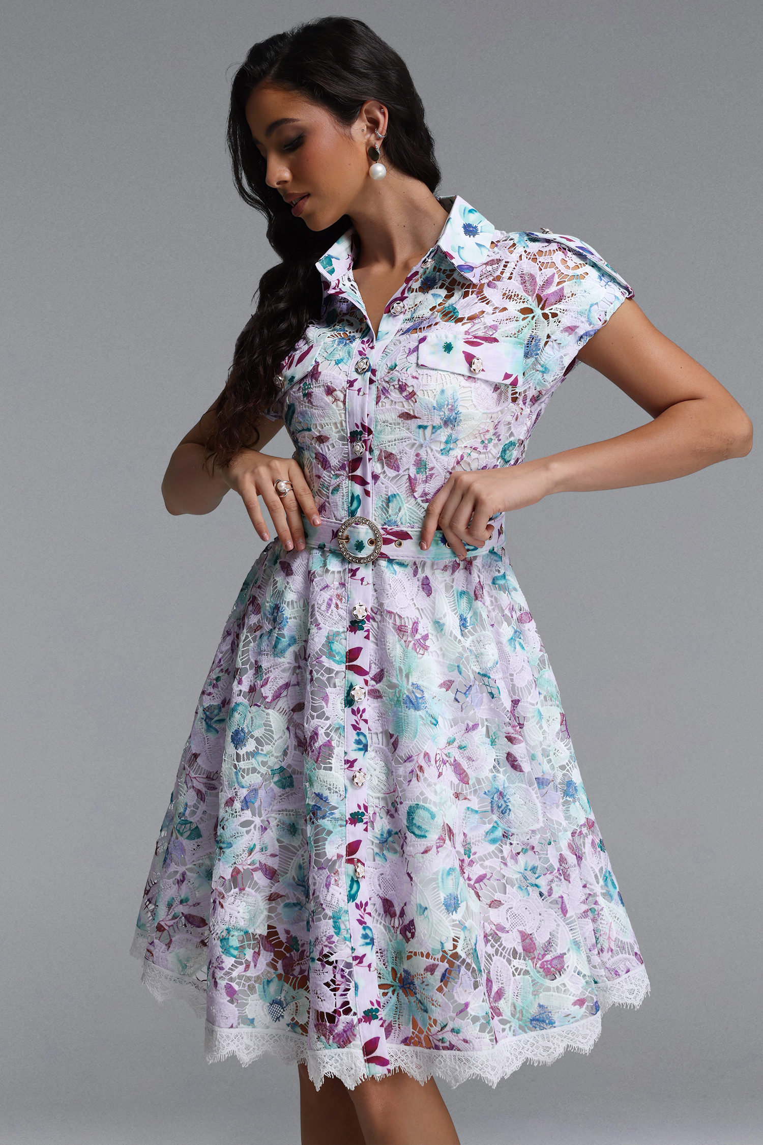 torill Resort Cinched Short Sleeve Floral Print Lace Mini Dress