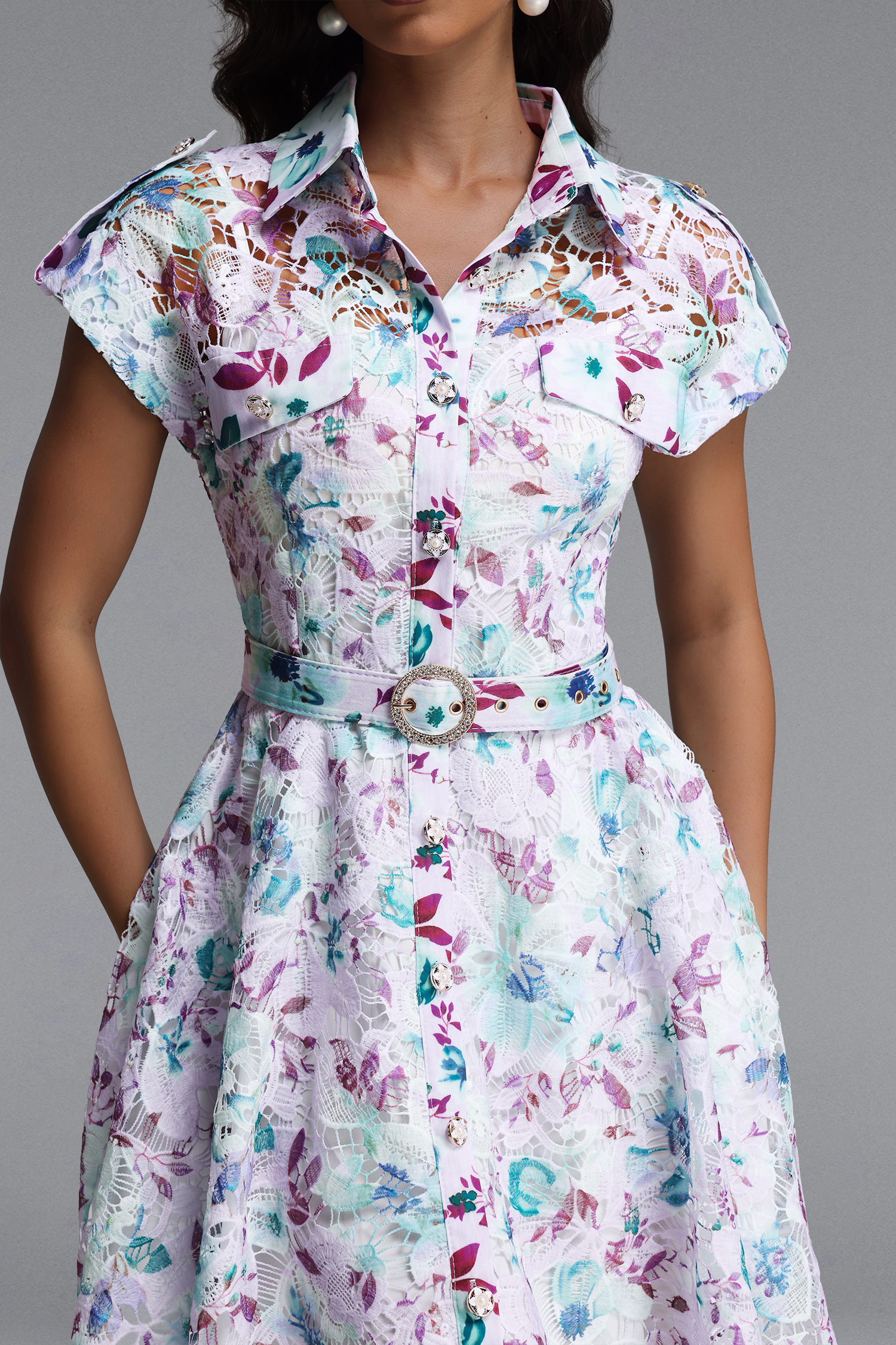 torill Resort Cinched Short Sleeve Floral Print Lace Mini Dress