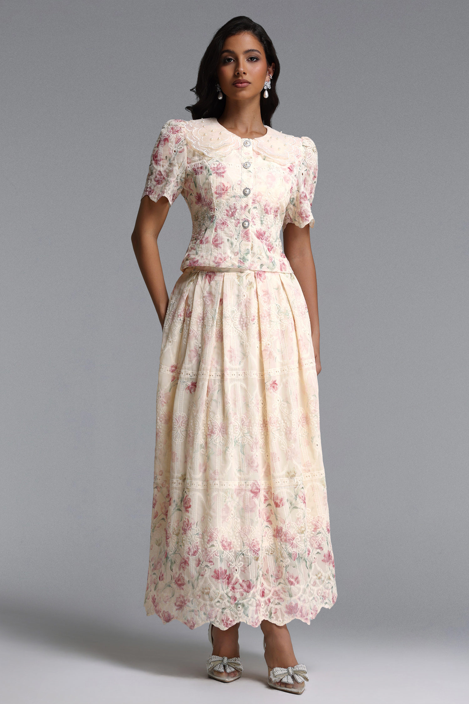 Ignacia Romantic Flowy Short Sleeve Floral Print Embroidered Woven Top and Skirt Two Piece Set