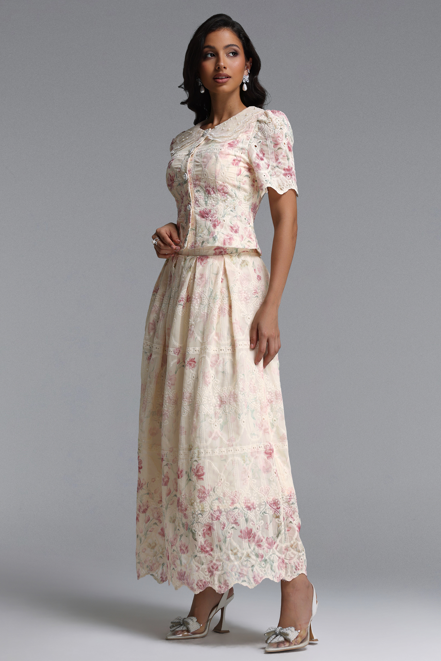 Ignacia Romantic Flowy Short Sleeve Floral Print Embroidered Woven Top and Skirt Two Piece Set