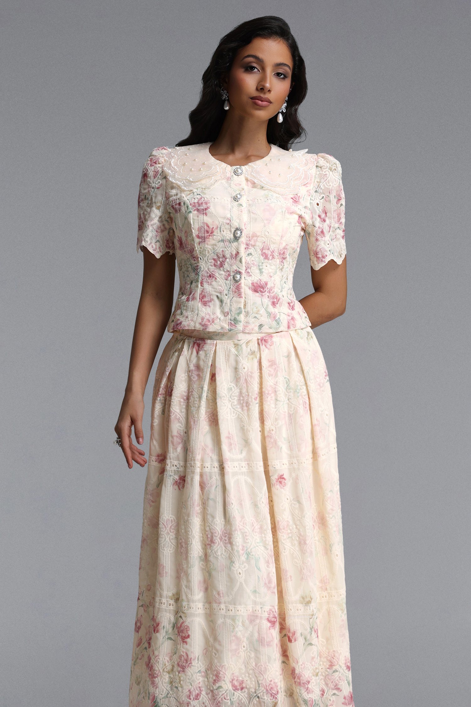 Ignacia Romantic Flowy Short Sleeve Floral Print Embroidered Woven Top and Skirt Two Piece Set