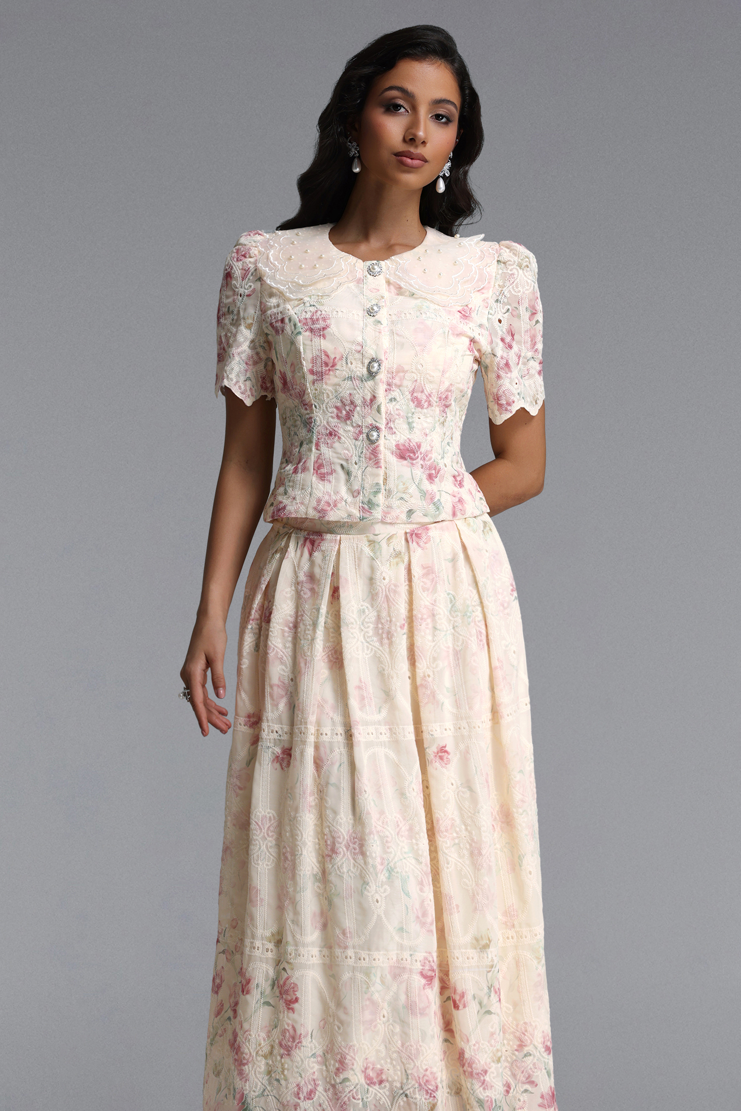 Ignacia Romantic Flowy Short Sleeve Floral Print Embroidered Woven Top and Skirt Two Piece Set