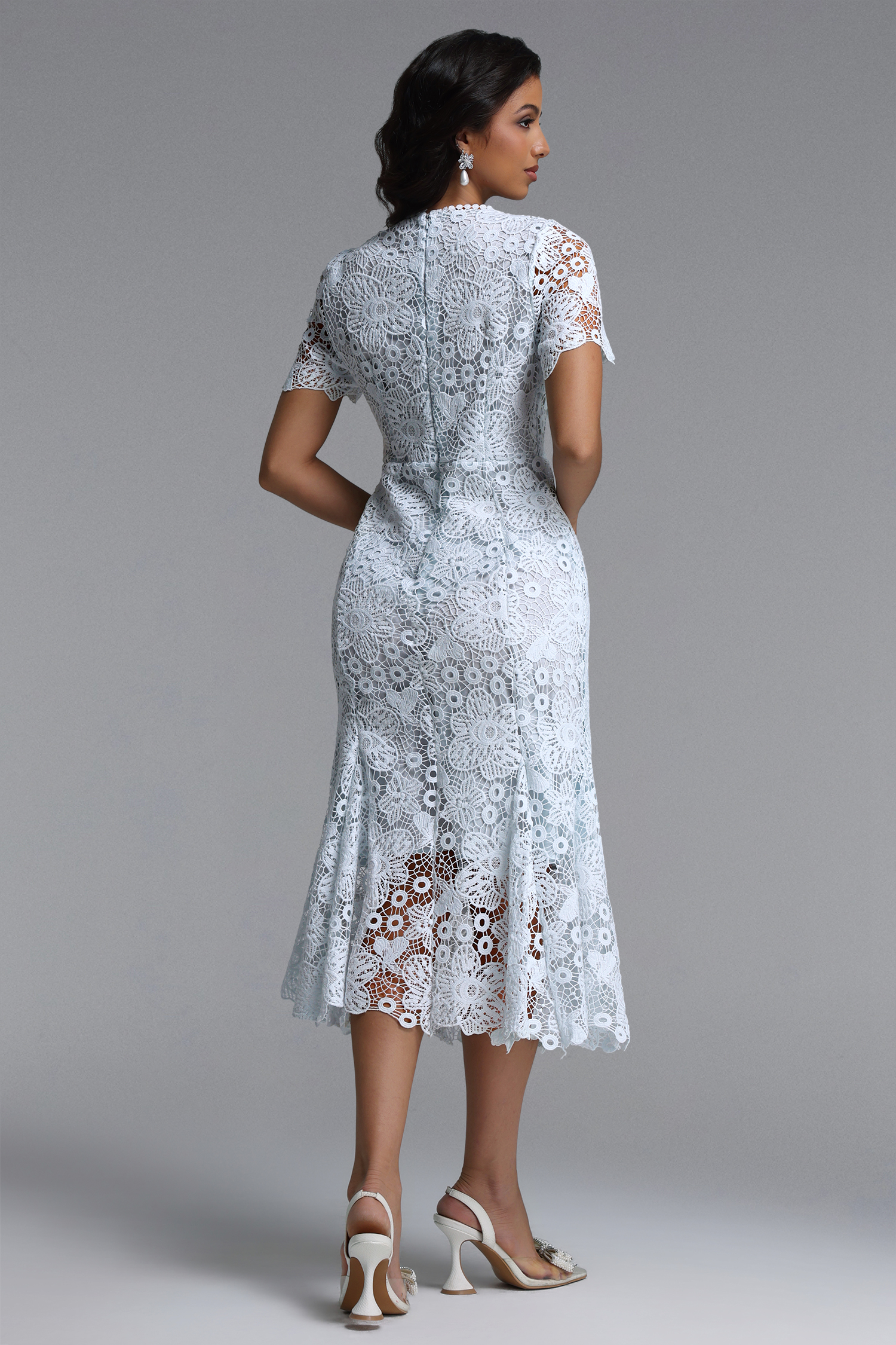 Odely Elegant Cinched Round Neck Short Sleeve Floral Lace Midi Dress