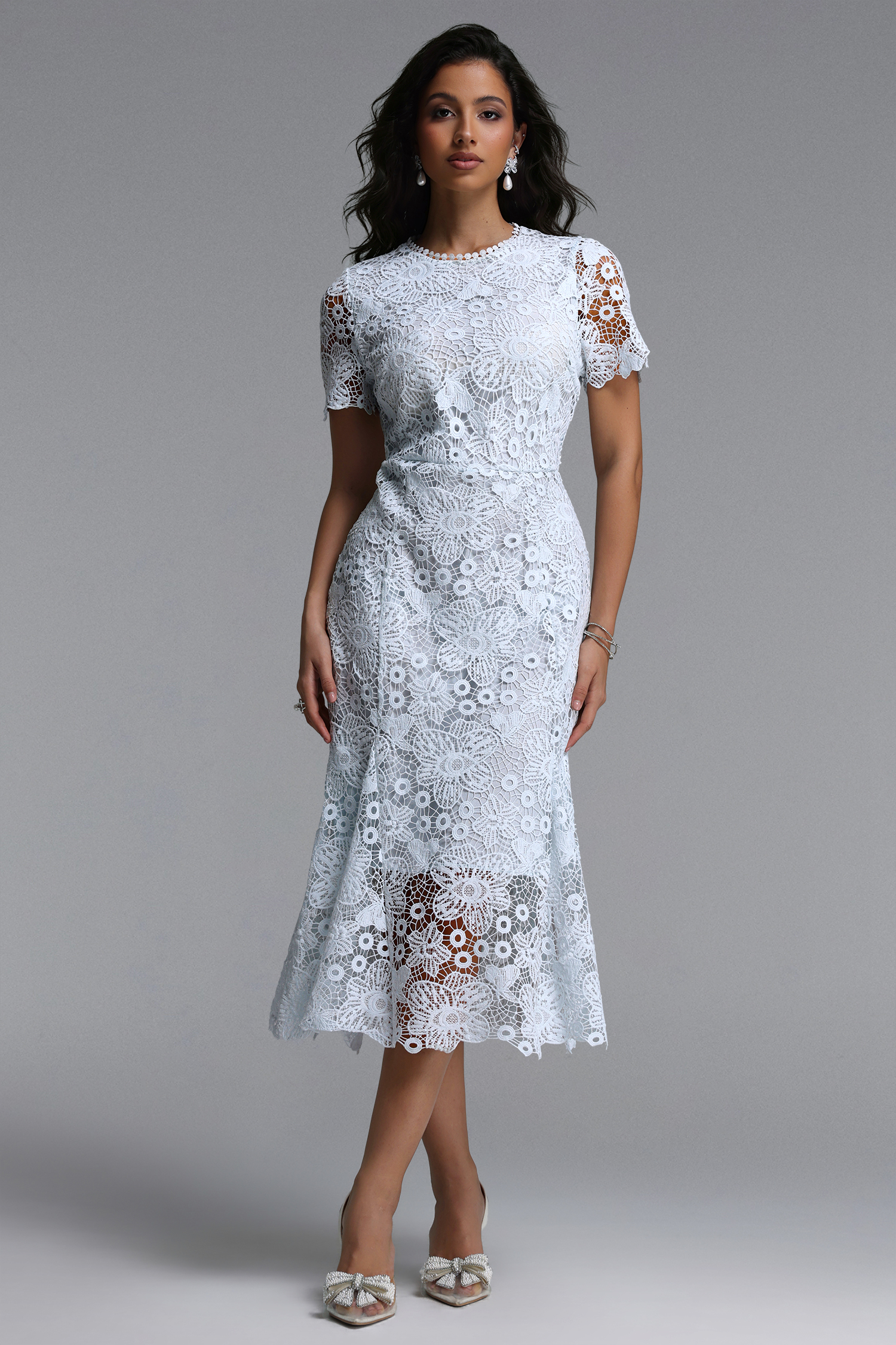Odely Elegant Cinched Round Neck Short Sleeve Floral Lace Midi Dress