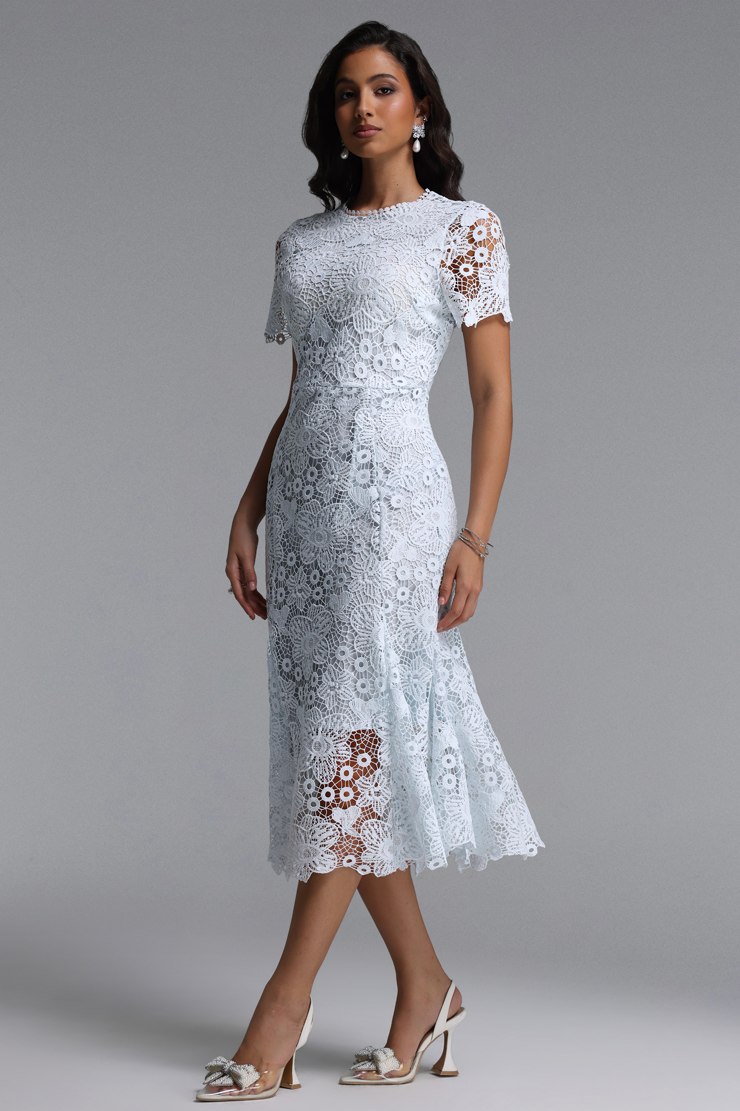 Odely Elegant Cinched Round Neck Short Sleeve Floral Lace Midi Dress