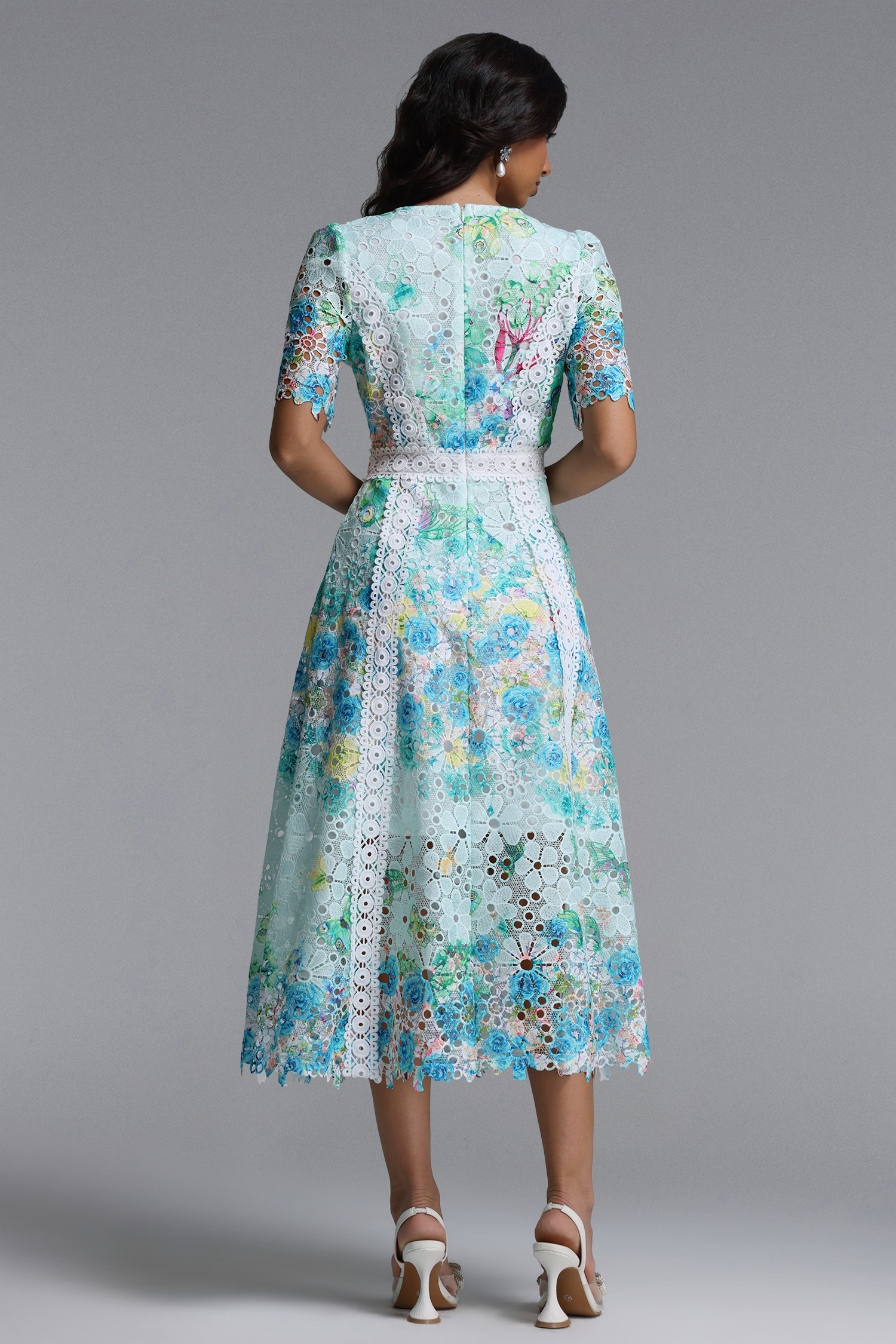 Pillose Resort Cinched Round Neck Short Sleeve Floral Print Lace Green Maxi Dress