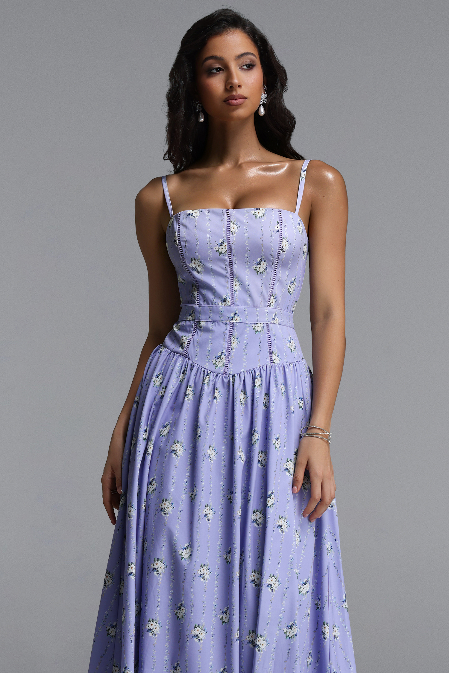 Penpe Romantic Tailored Sleeveless Floral Print Woven Maxi Dress