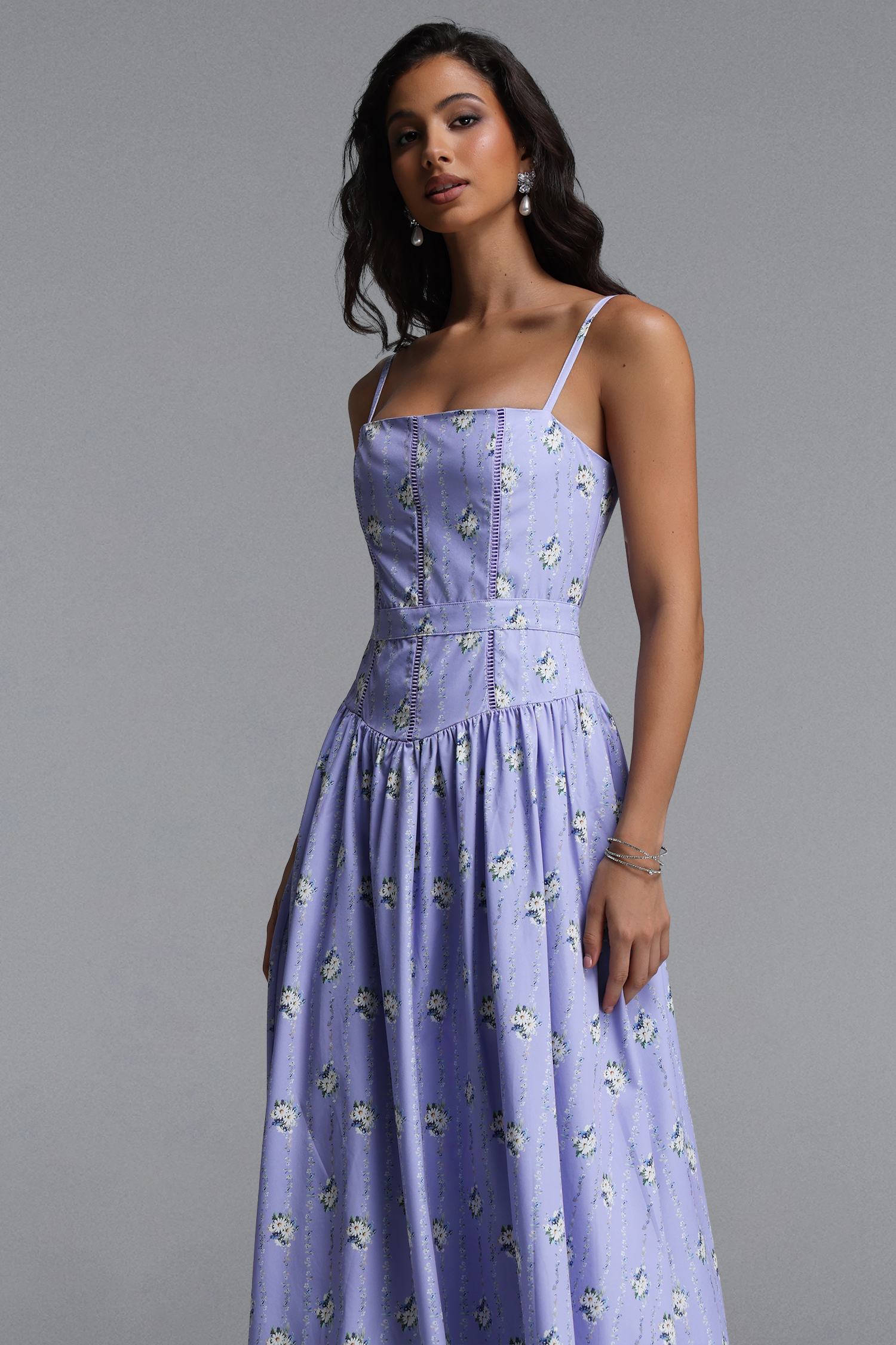 Penpe Romantic Tailored Sleeveless Floral Print Woven Maxi Dress