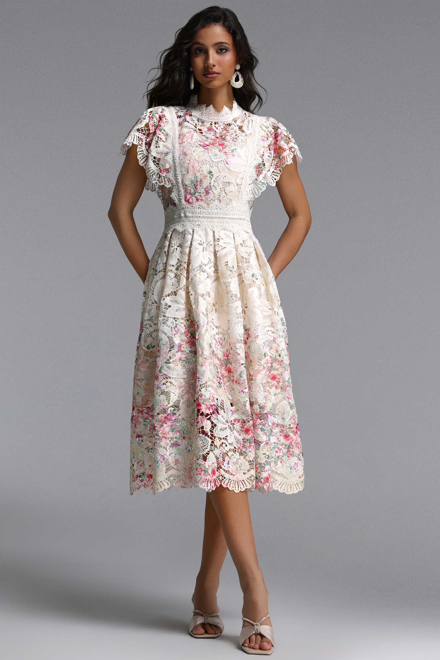 Leanna Resort Flowy Short Sleeve Floral Print Lace Midi Dress