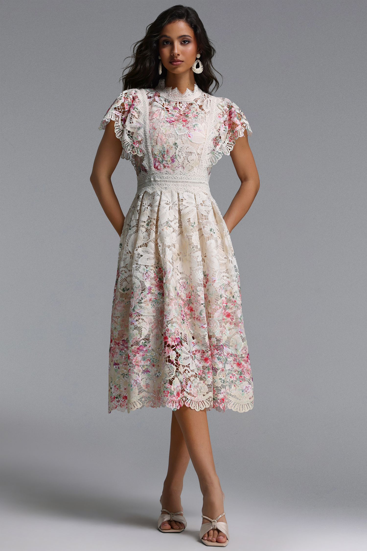 Leanna Resort Flowy Short Sleeve Floral Print Lace Midi Dress