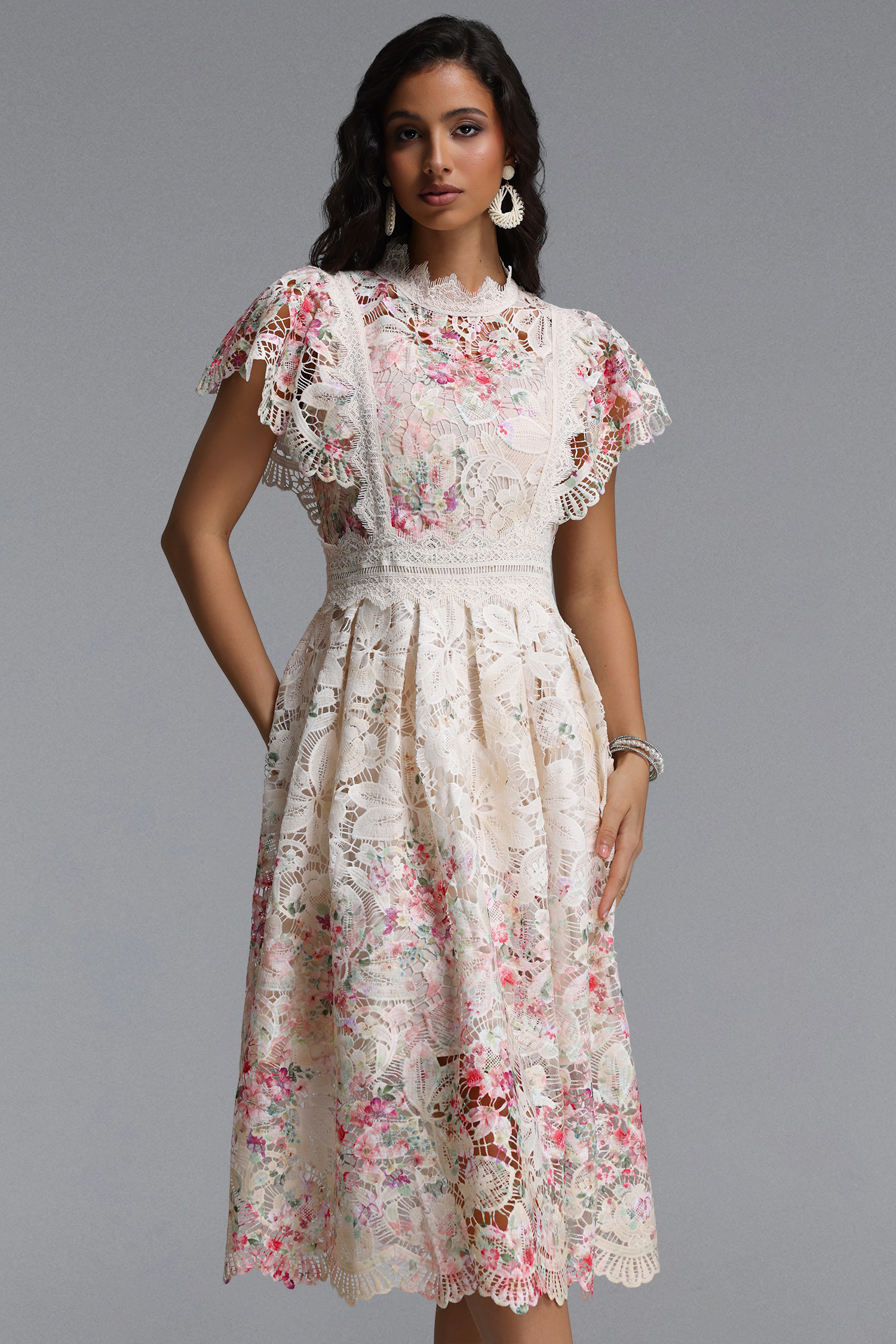Leanna Resort Flowy Short Sleeve Floral Print Lace Midi Dress