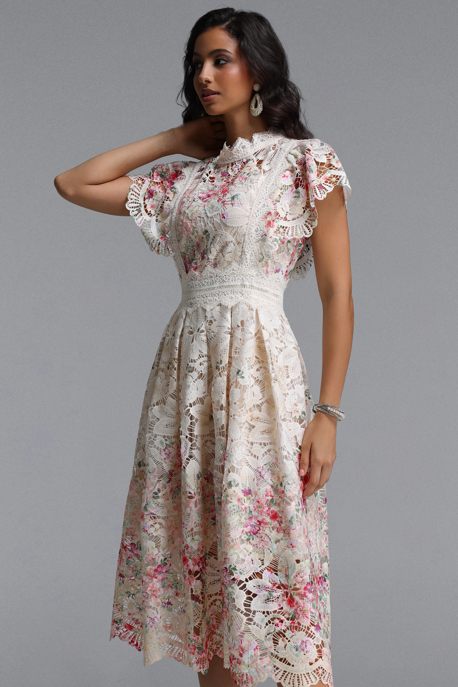 Leanna Resort Flowy Short Sleeve Floral Print Lace Midi Dress
