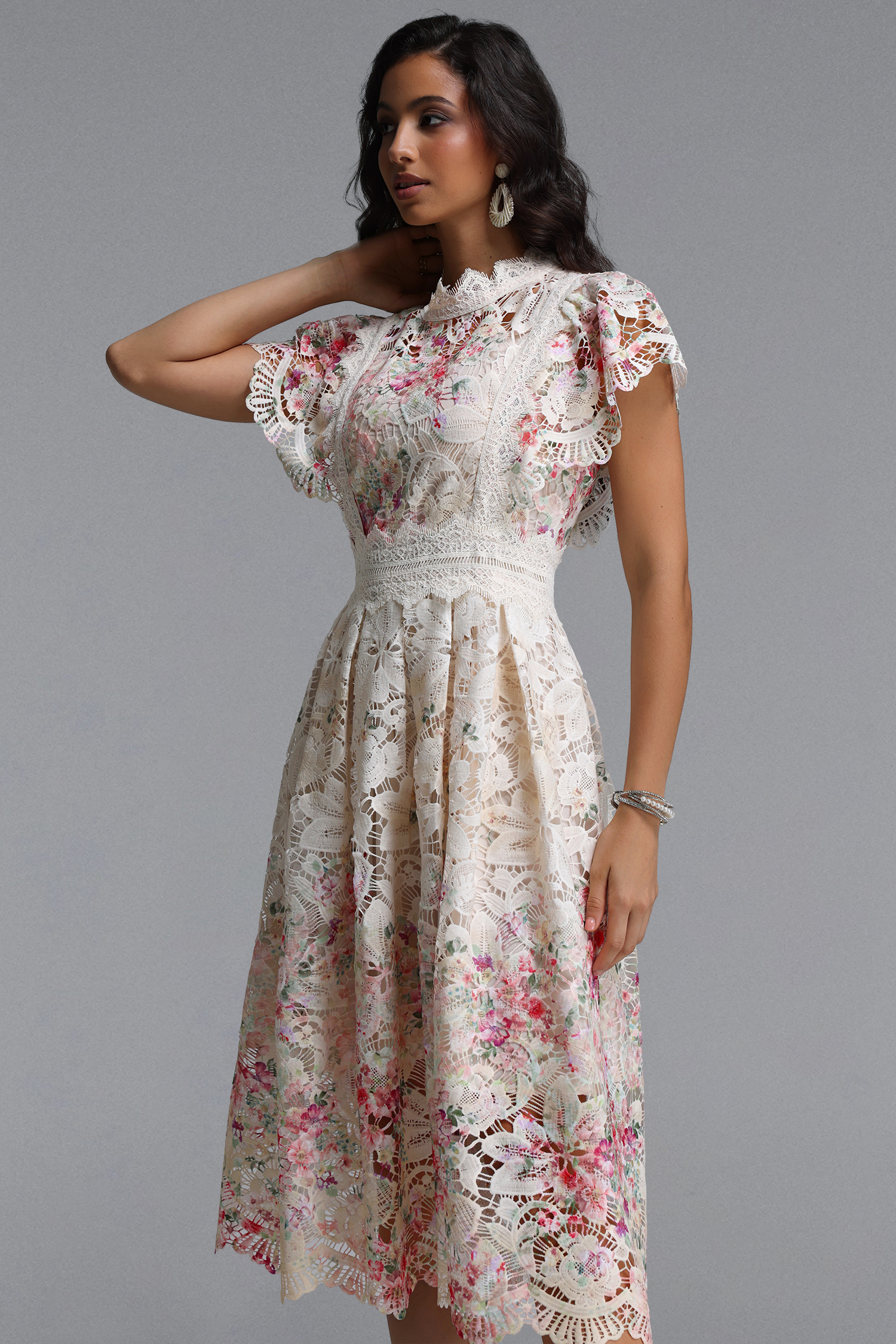 Leanna Resort Flowy Short Sleeve Floral Print Lace Midi Dress