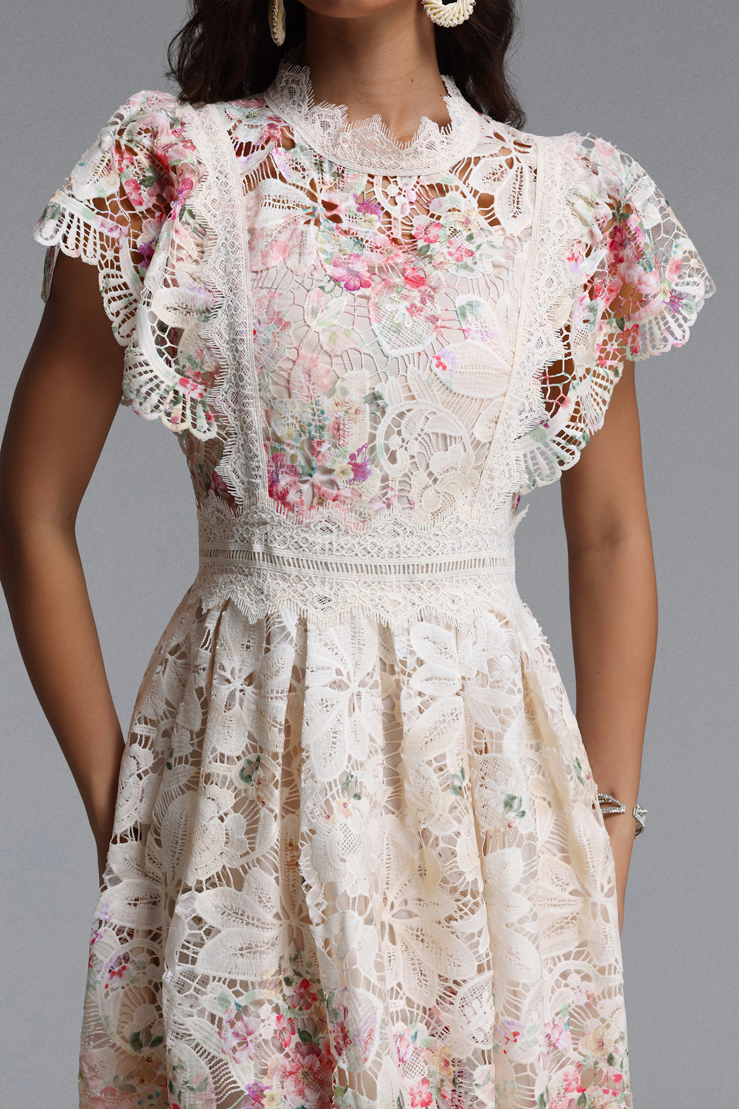 Leanna Resort Flowy Short Sleeve Floral Print Lace Midi Dress
