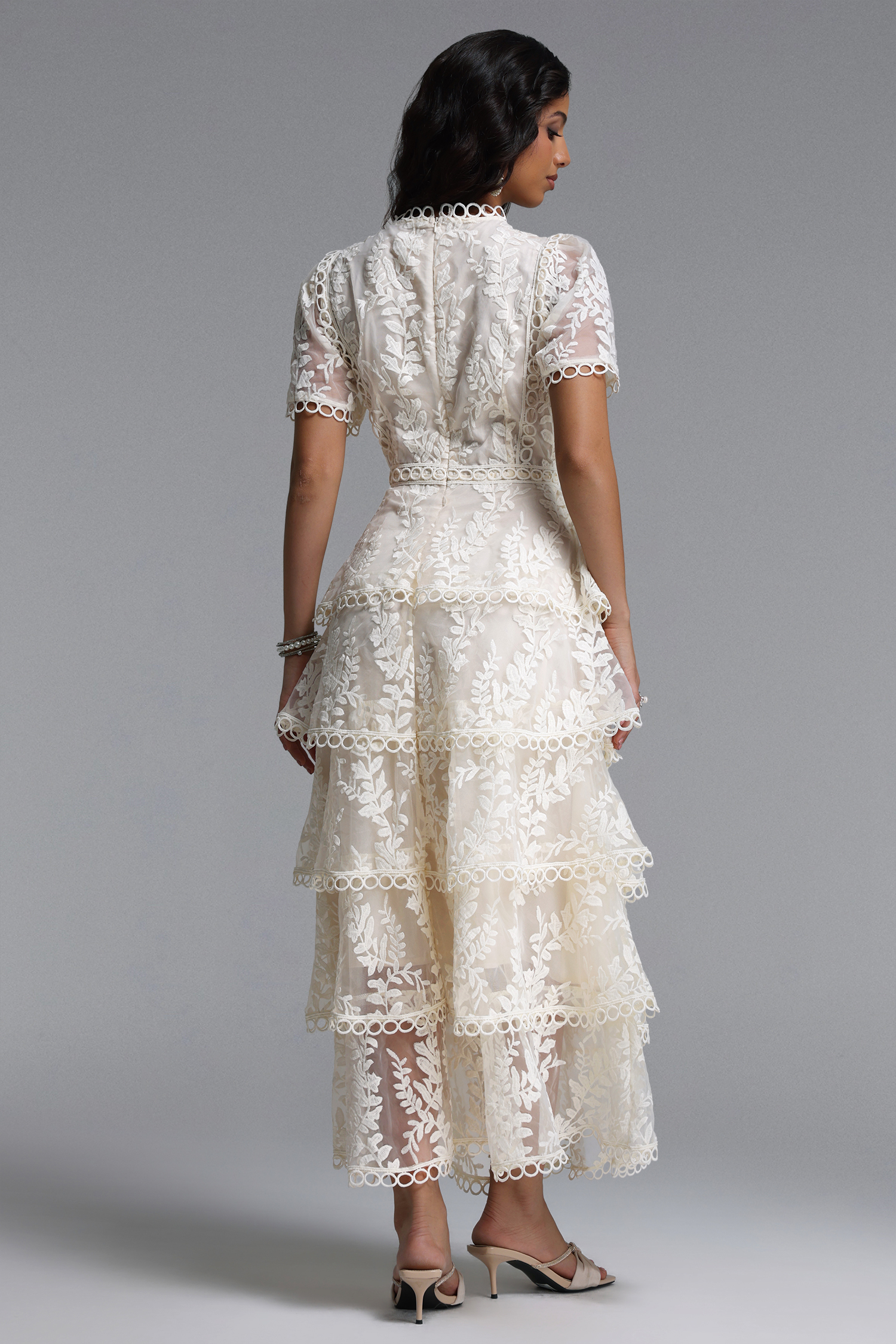 Yedda Resort Flowy Round Neck Short Sleeve Floral Embroidered Woven Maxi Dress