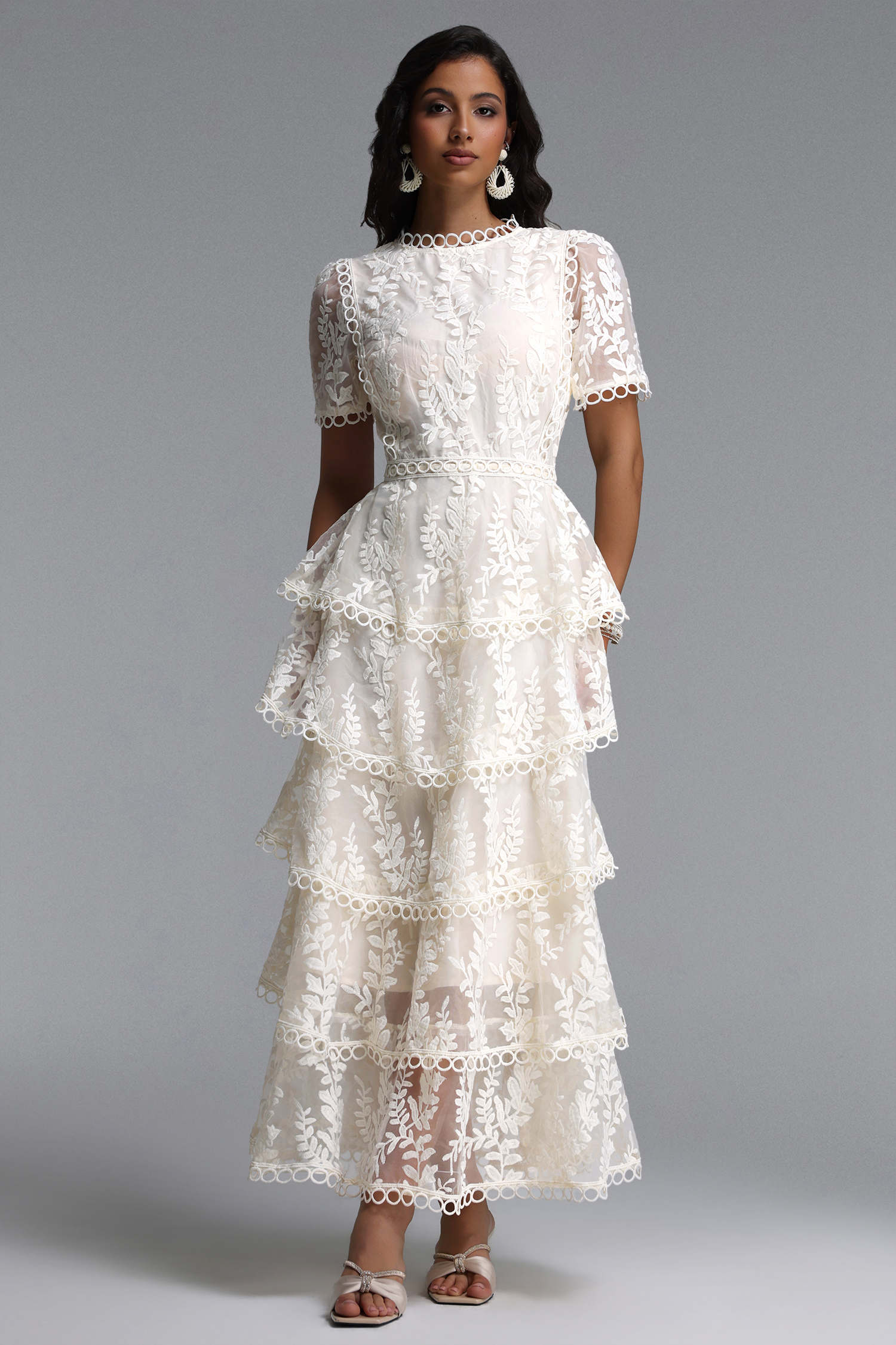 Yedda Resort Flowy Round Neck Short Sleeve Floral Embroidered Woven Maxi Dress