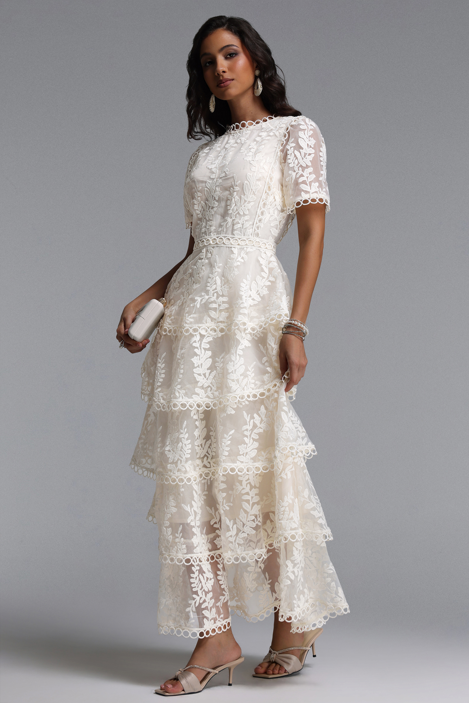 Yedda Resort Flowy Round Neck Short Sleeve Floral Embroidered Woven Maxi Dress