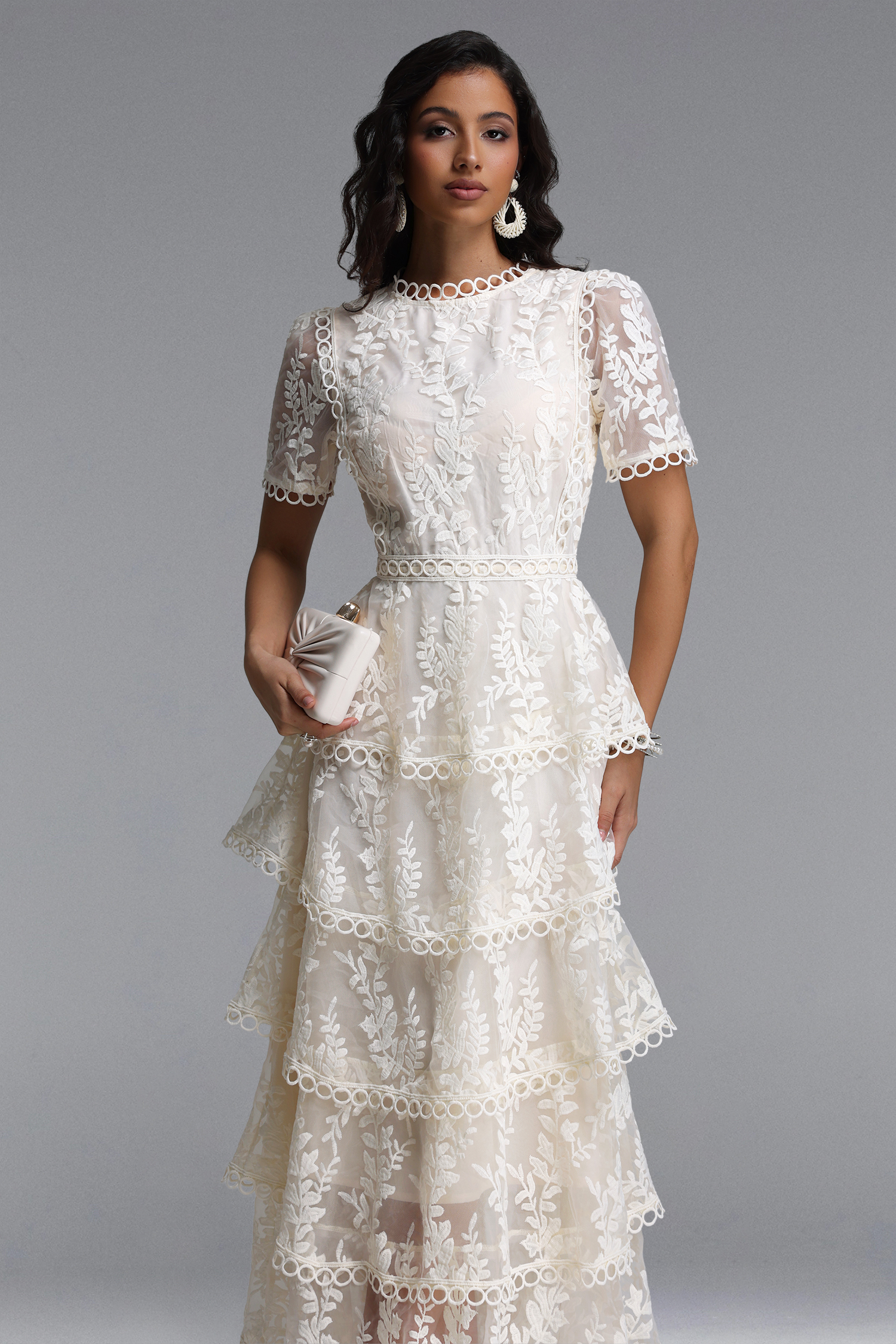 Yedda Resort Flowy Round Neck Short Sleeve Floral Embroidered