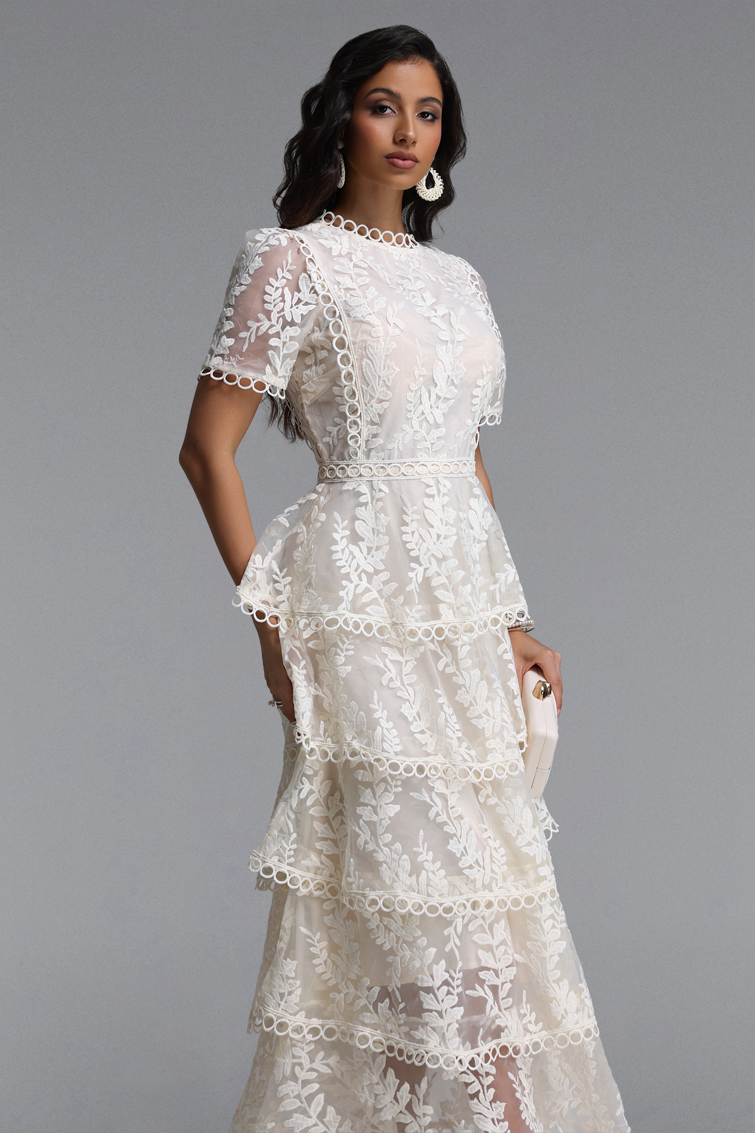 Yedda Resort Flowy Round Neck Short Sleeve Floral Embroidered Woven Maxi Dress