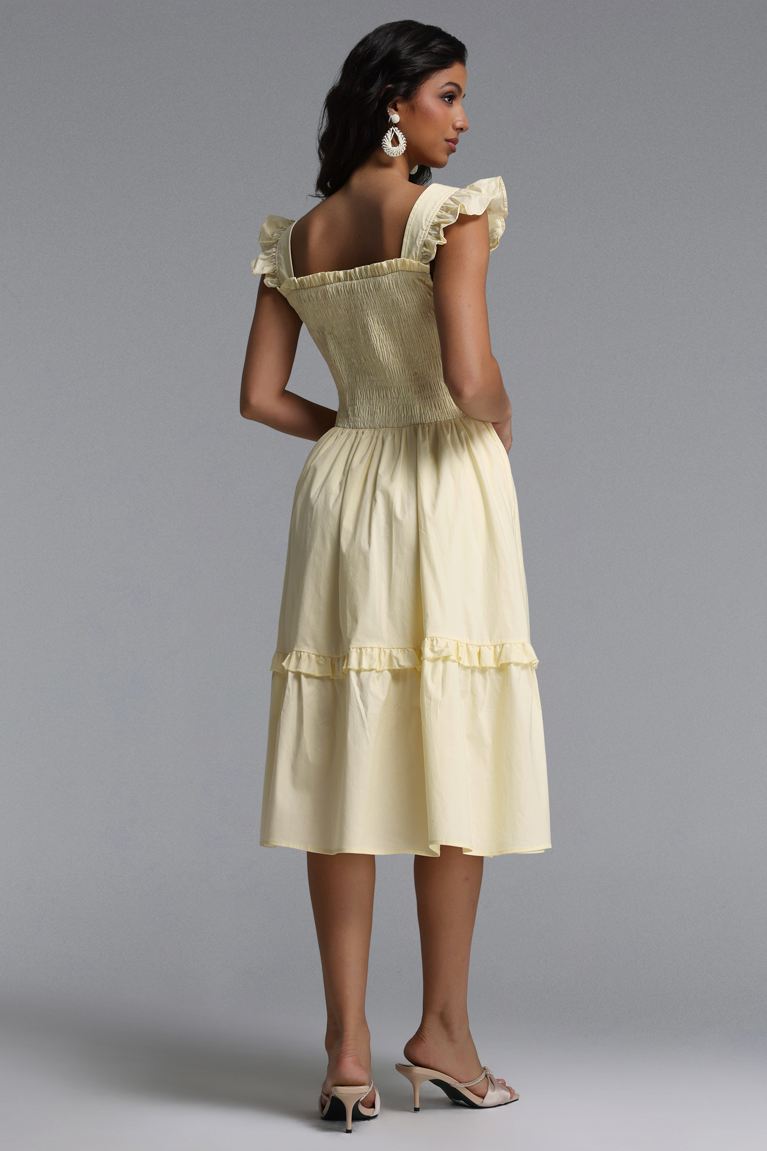 Mila Resort Flowy Sleeveless Ruffle Ruched Woven Midi Dress