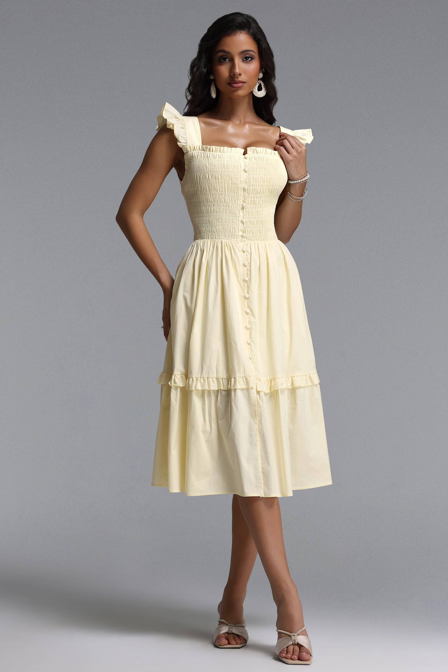 Mila Resort Flowy Sleeveless Ruffle Ruched Woven Midi Dress