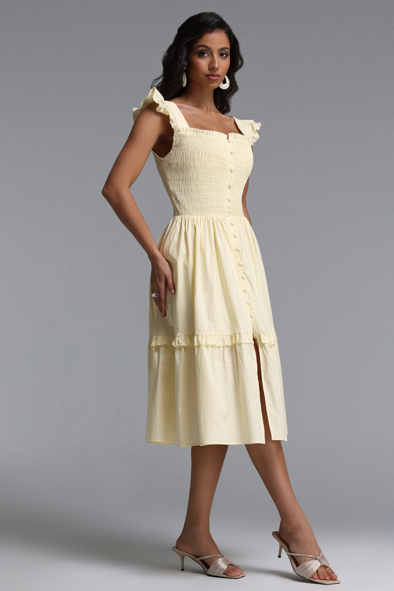 Mila Resort Flowy Sleeveless Ruffle Ruched Woven Midi Dress