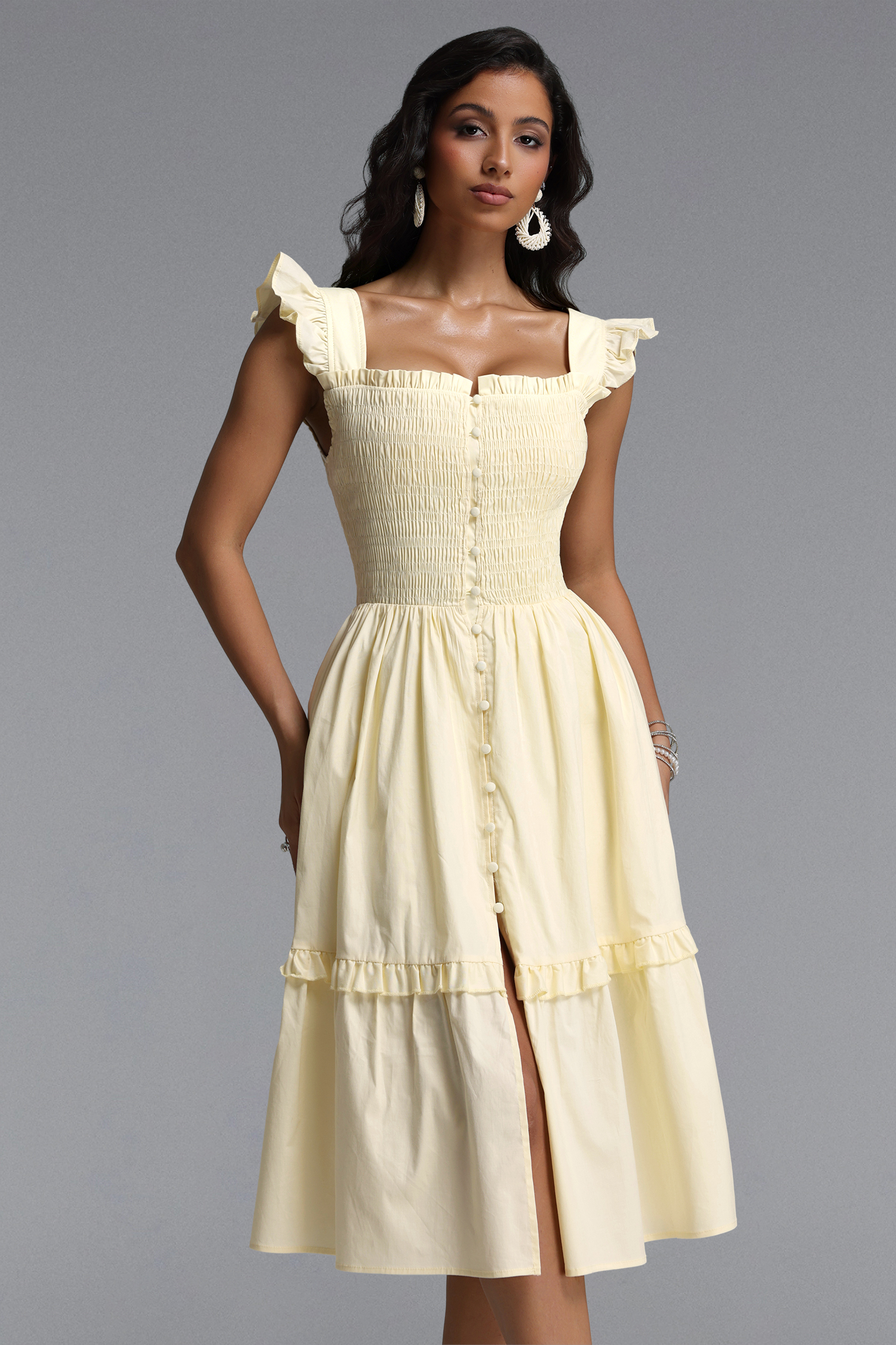 Mila Resort Flowy Sleeveless Ruffle Ruched Woven Midi Dress