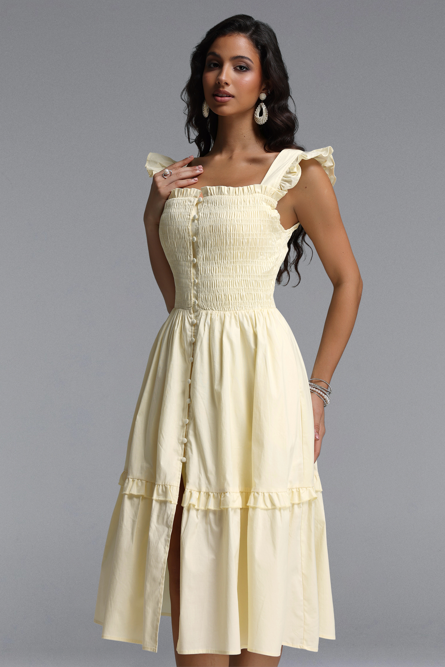 Mila Resort Flowy Sleeveless Ruffle Ruched Woven Midi Dress