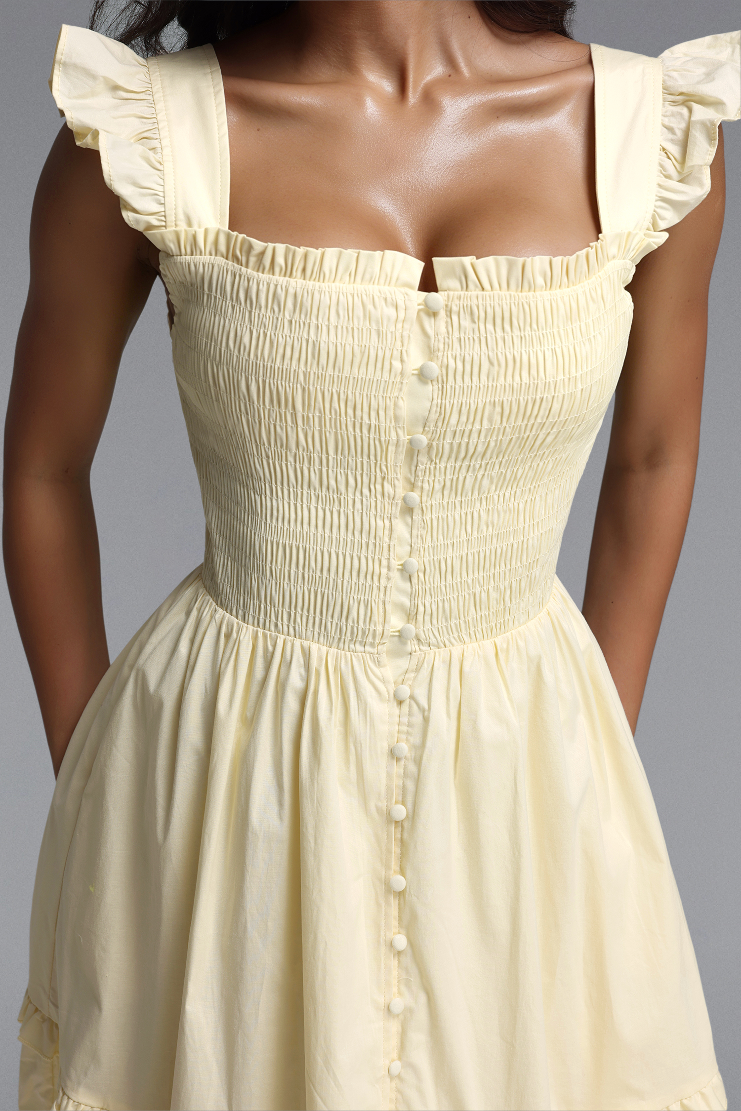 Mila Resort Flowy Sleeveless Ruffle Ruched Woven Midi Dress