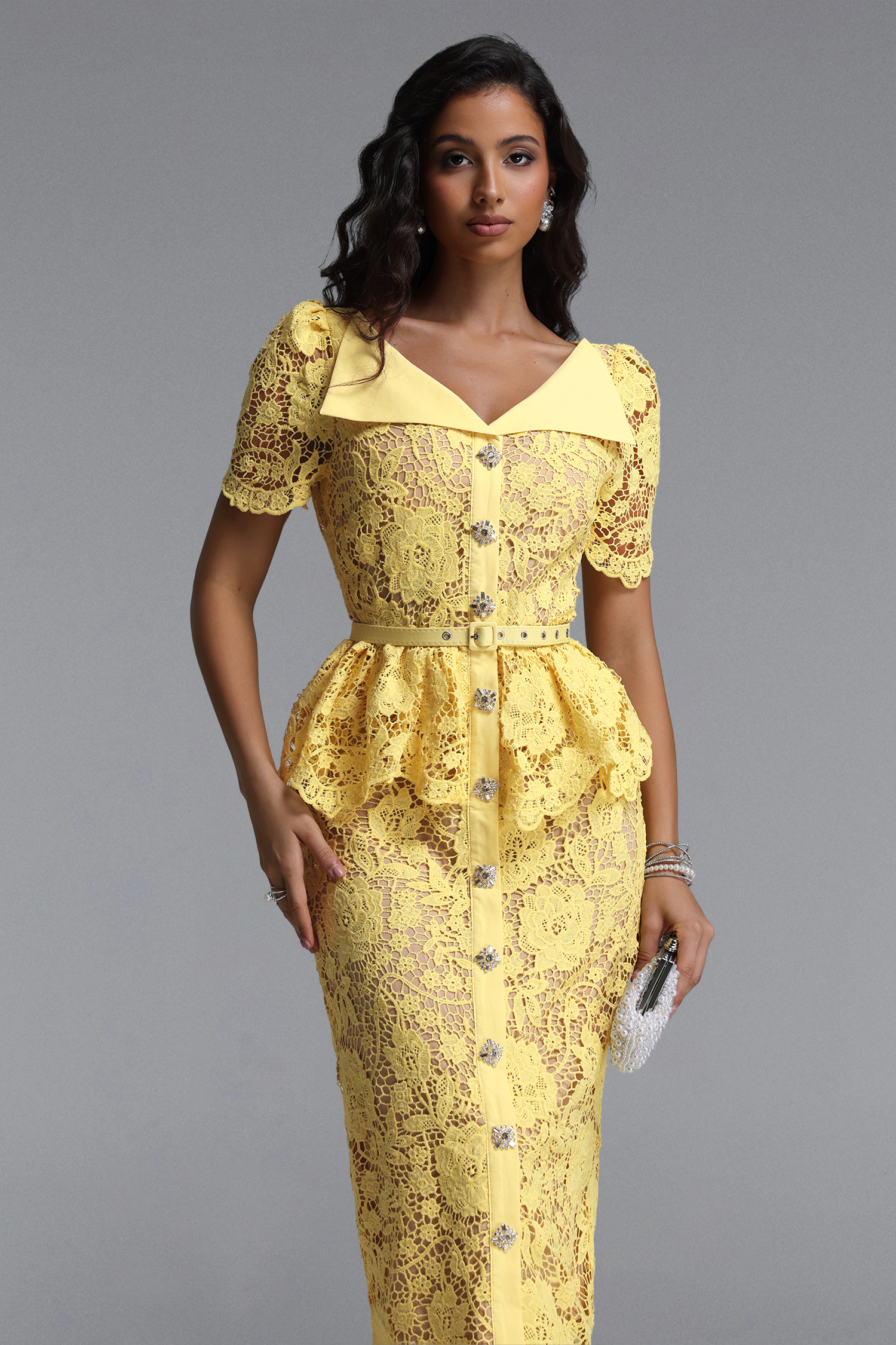 Quinn Elegant Cinched Short Sleeve Floral Lace Maxi Dress