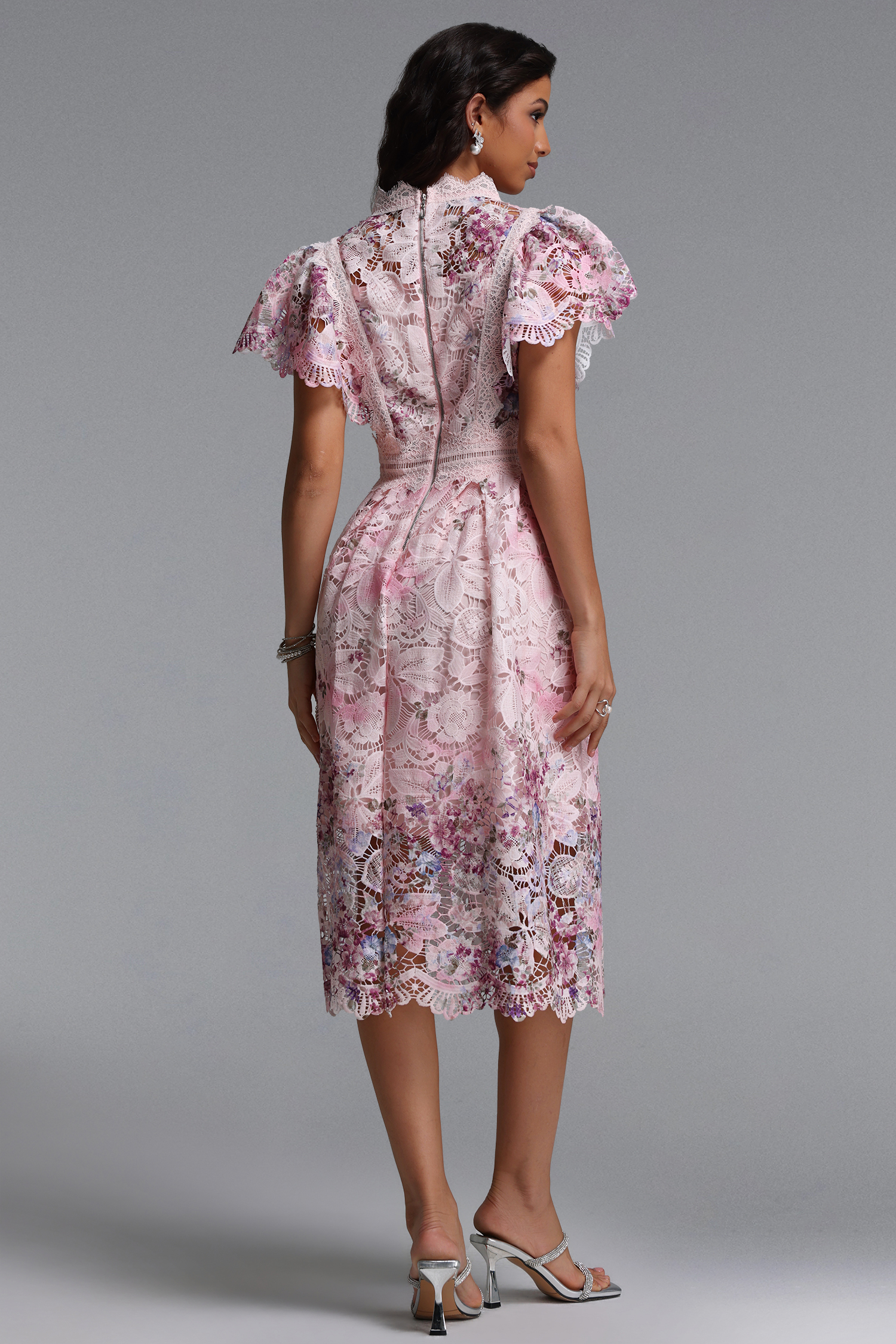 Leanna Resort Flowy Short Sleeve Floral Print Lace Midi Dress