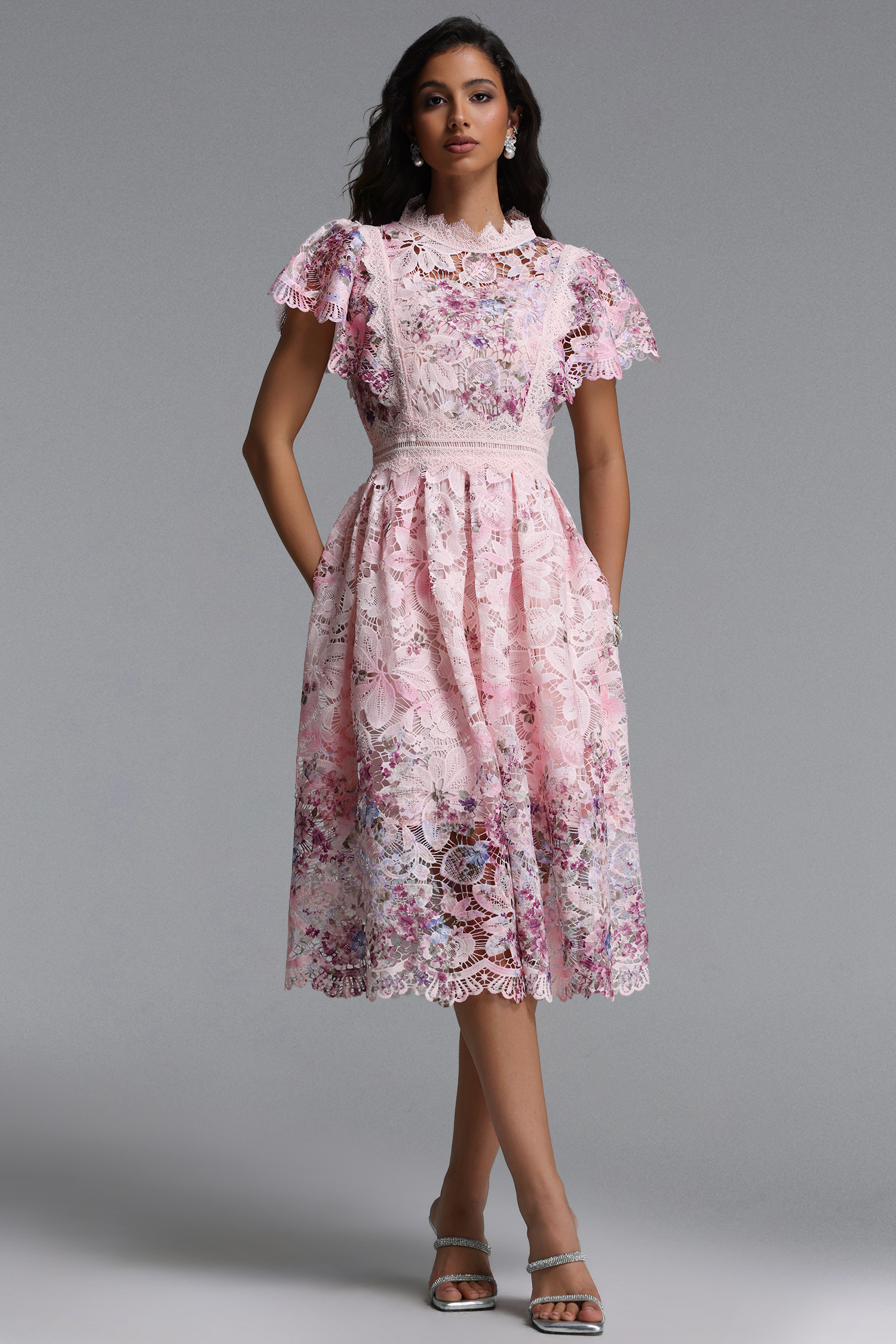 Leanna Resort Flowy Short Sleeve Floral Print Lace Midi Dress