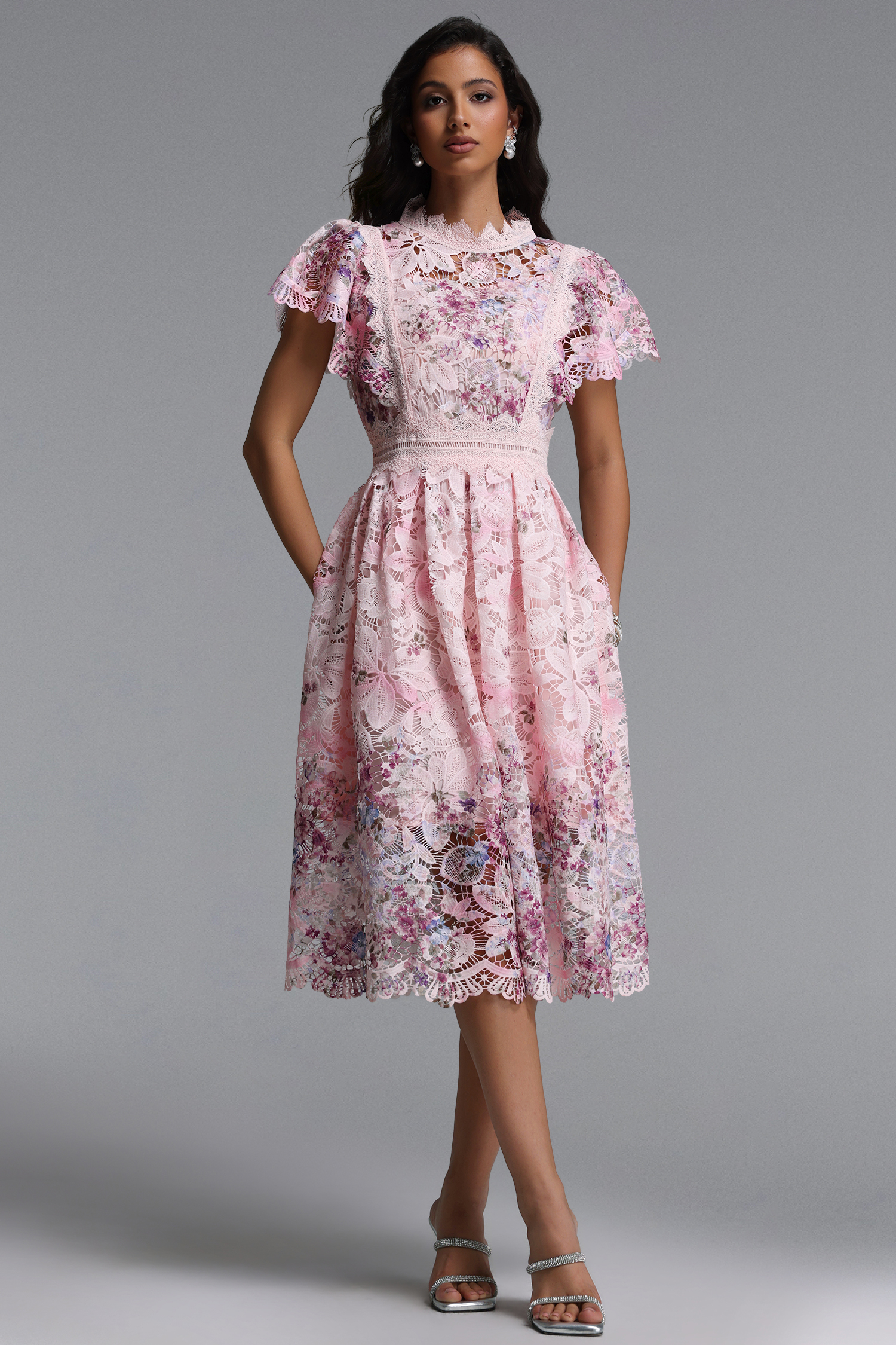 Leanna Resort Flowy Short Sleeve Floral Print Lace Midi Dress