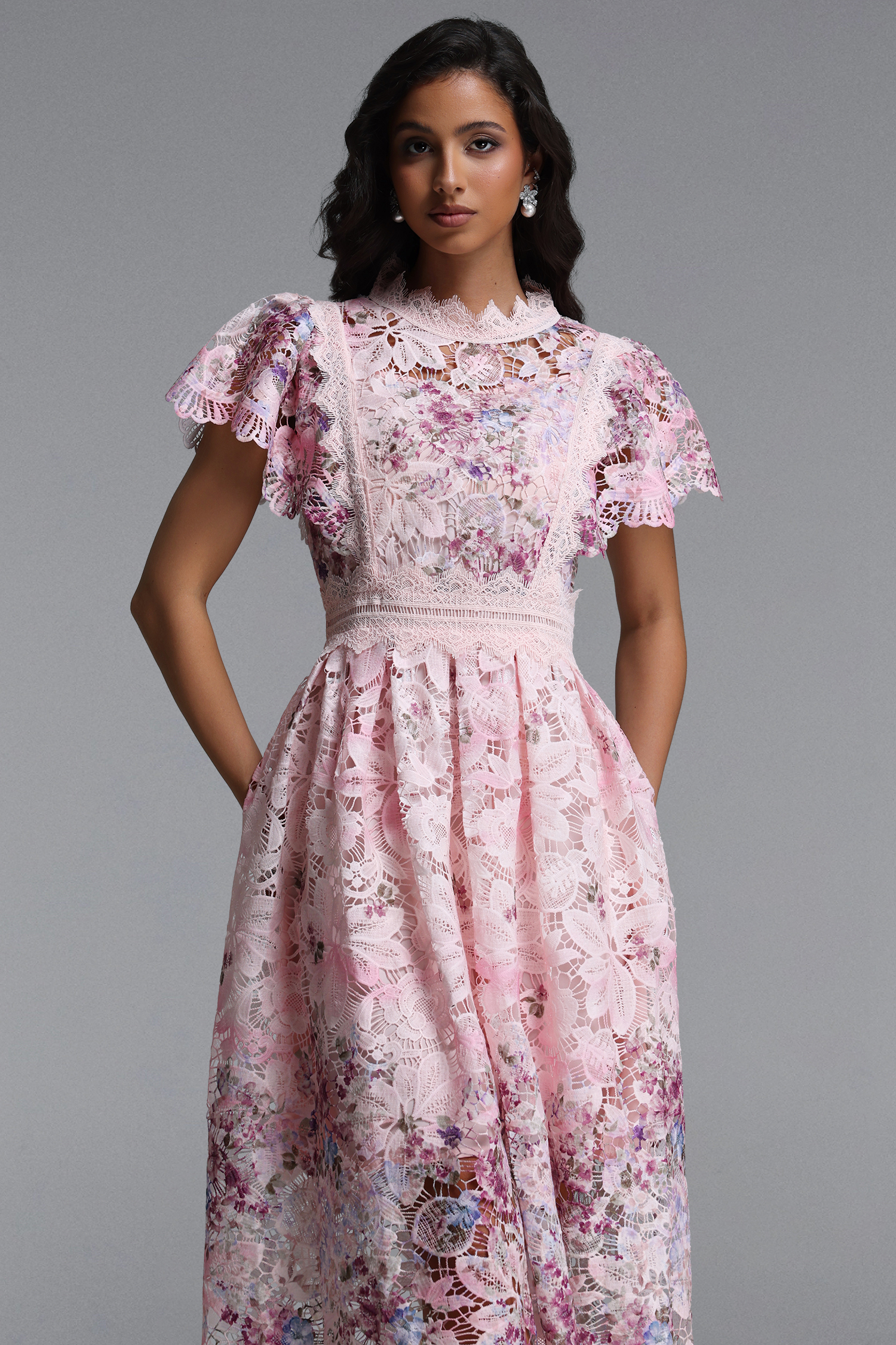 Leanna Resort Flowy Short Sleeve Floral Print Lace Midi Dress