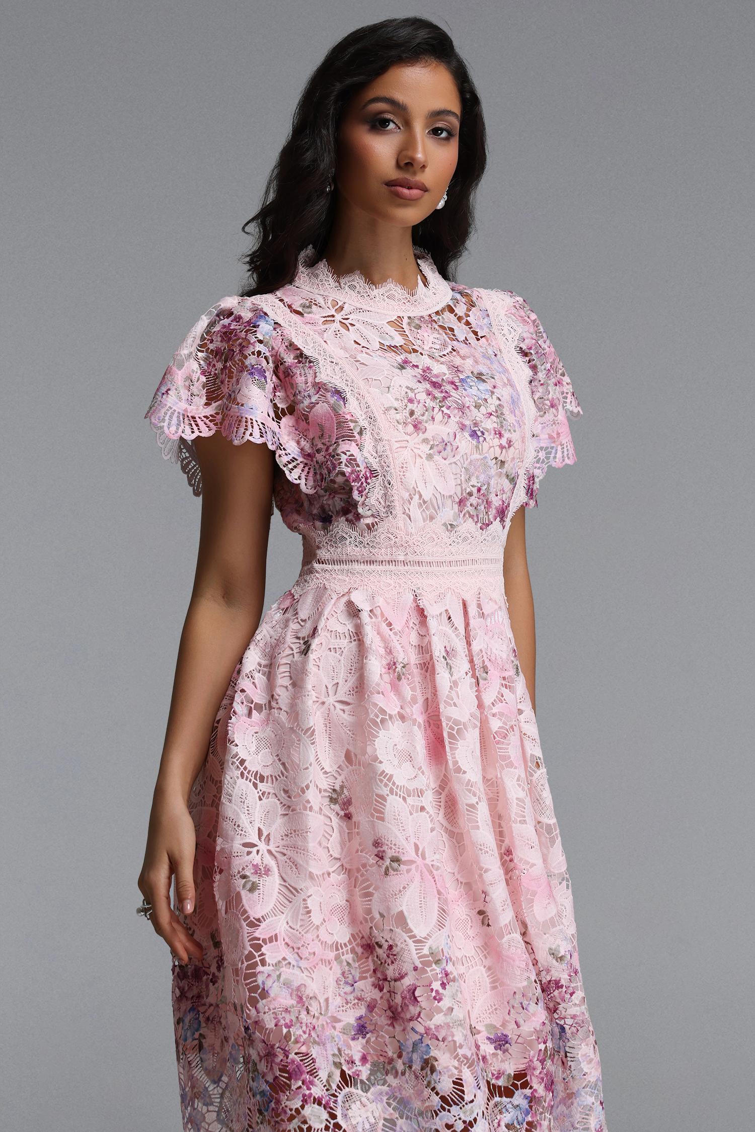 Leanna Resort Flowy Short Sleeve Floral Print Lace Midi Dress