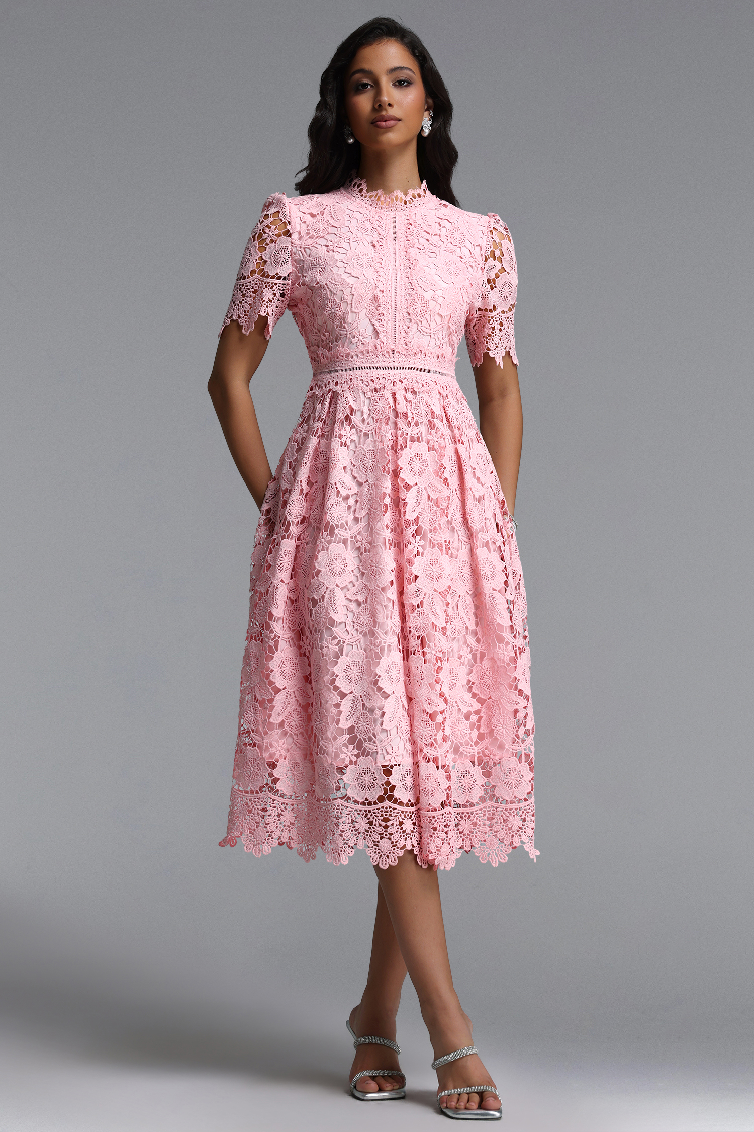 Valema Resort Flowy Short Sleeve Floral Lace Midi Dress