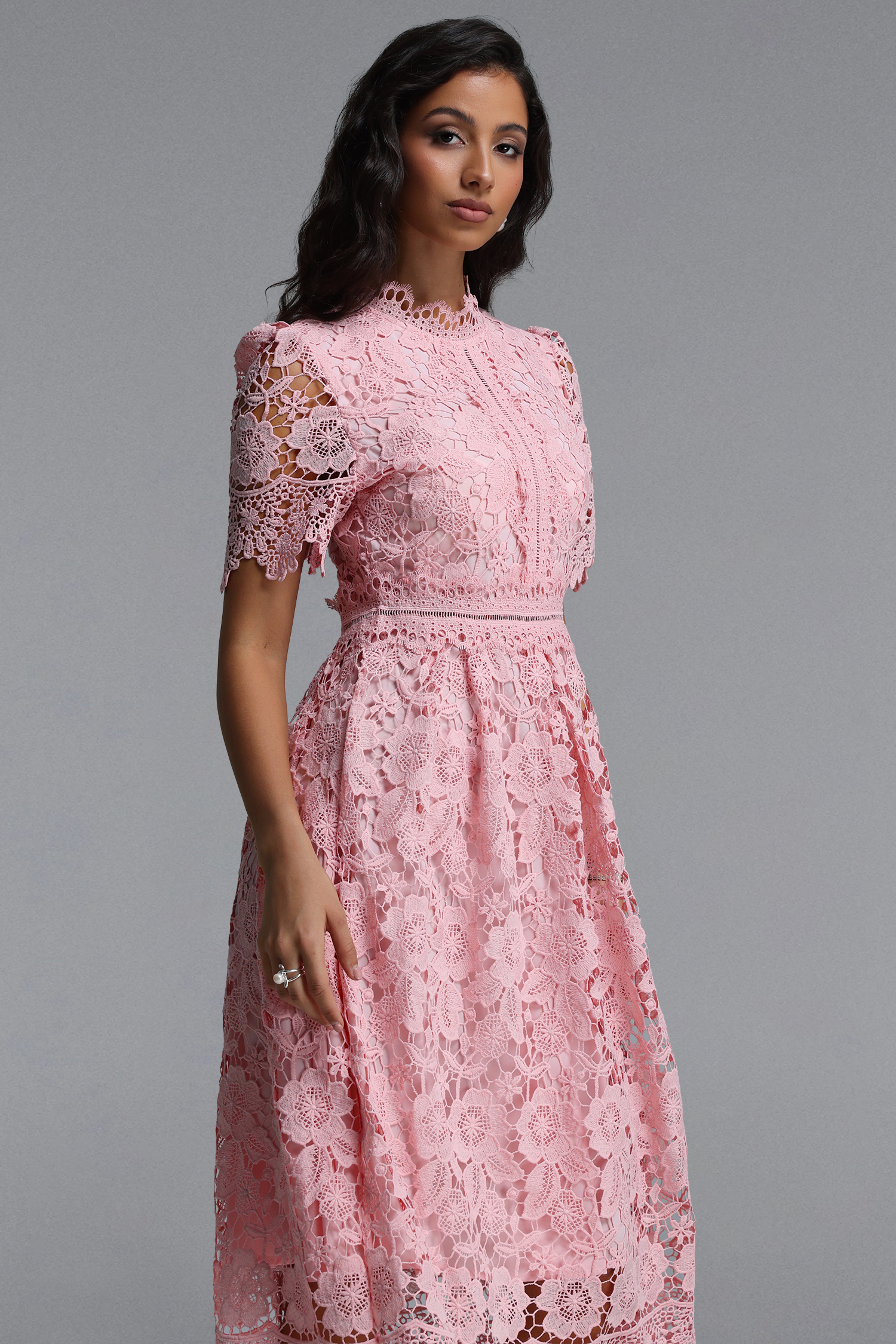Valema Resort Flowy Short Sleeve Floral Lace Midi Dress