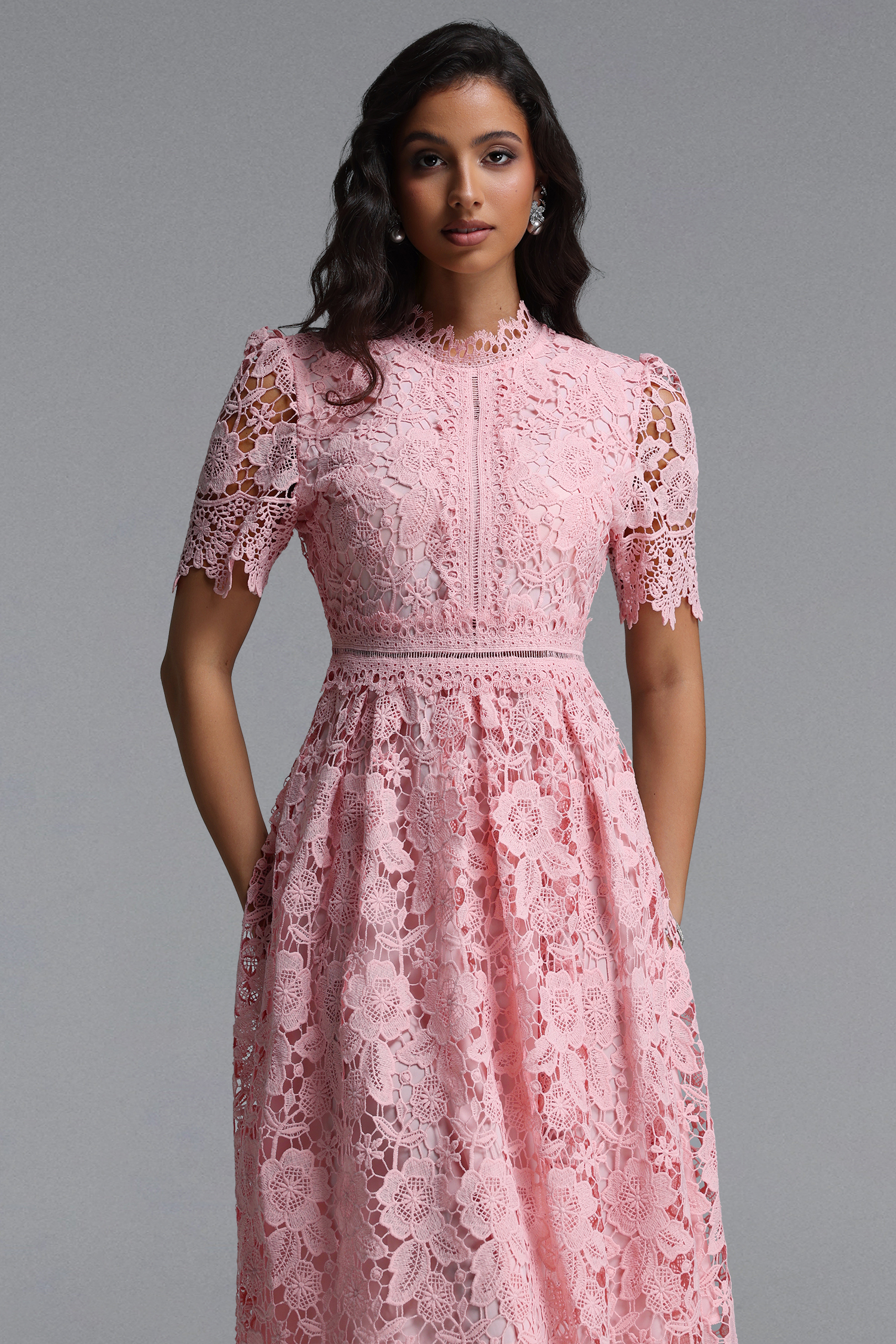 Valema Resort Flowy Short Sleeve Floral Lace Midi Dress