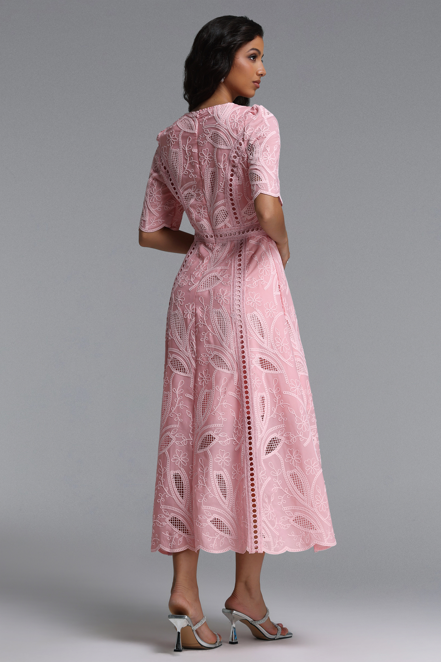 Krystal Resort Cinched Short Sleeve Embroidered Floral Lace Woven Midi Dress