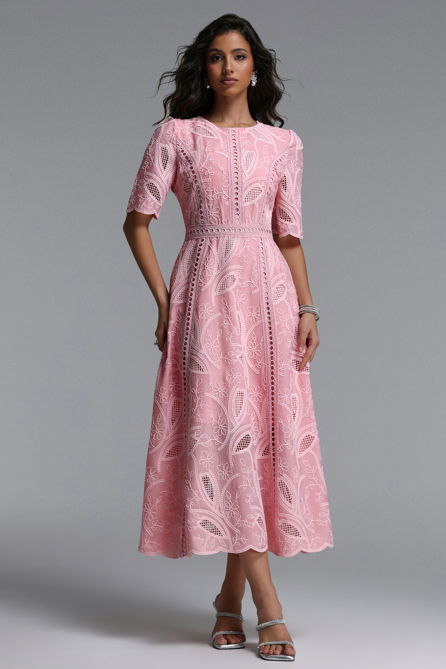 Krystal Resort Cinched Short Sleeve Embroidered Floral Lace Woven Midi Dress