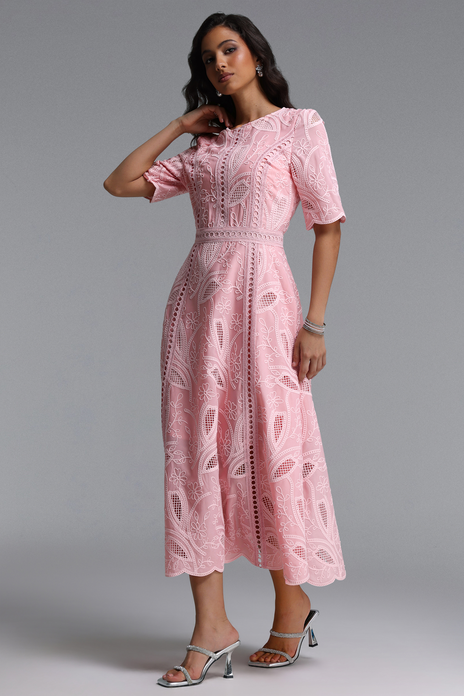 Krystal Resort Cinched Short Sleeve Embroidered Floral Lace Woven Midi Dress